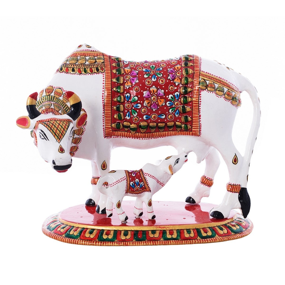 Meenakari Metal Colorful Cow And Calf statue (White, Red and Green) Kafalo