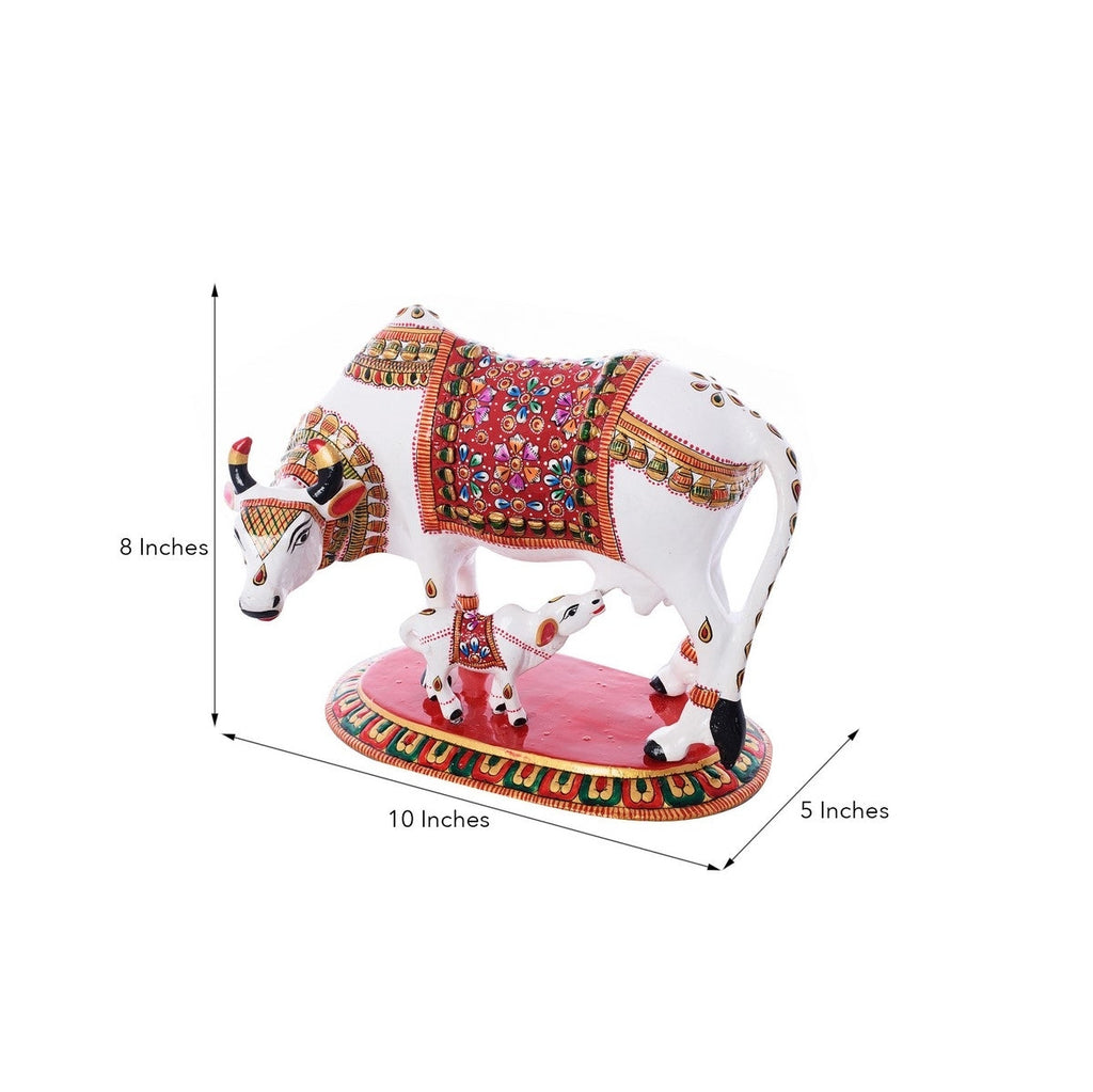 Meenakari Metal Colorful Cow And Calf statue (White, Red and Green) Kafalo