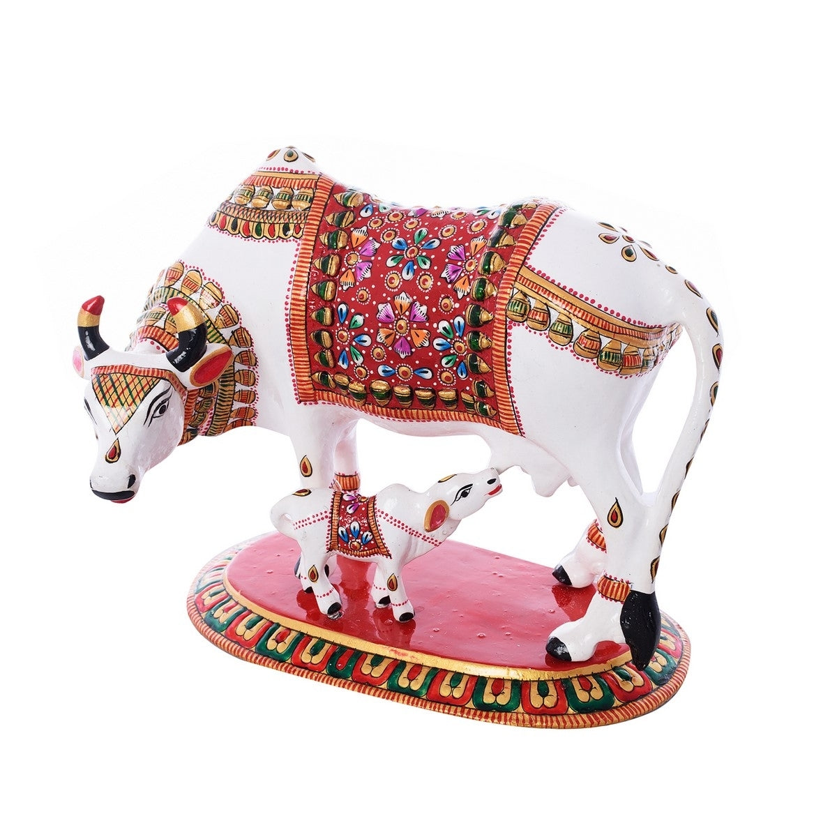 Meenakari Metal Colorful Cow And Calf statue (White, Red and Green) Kafalo