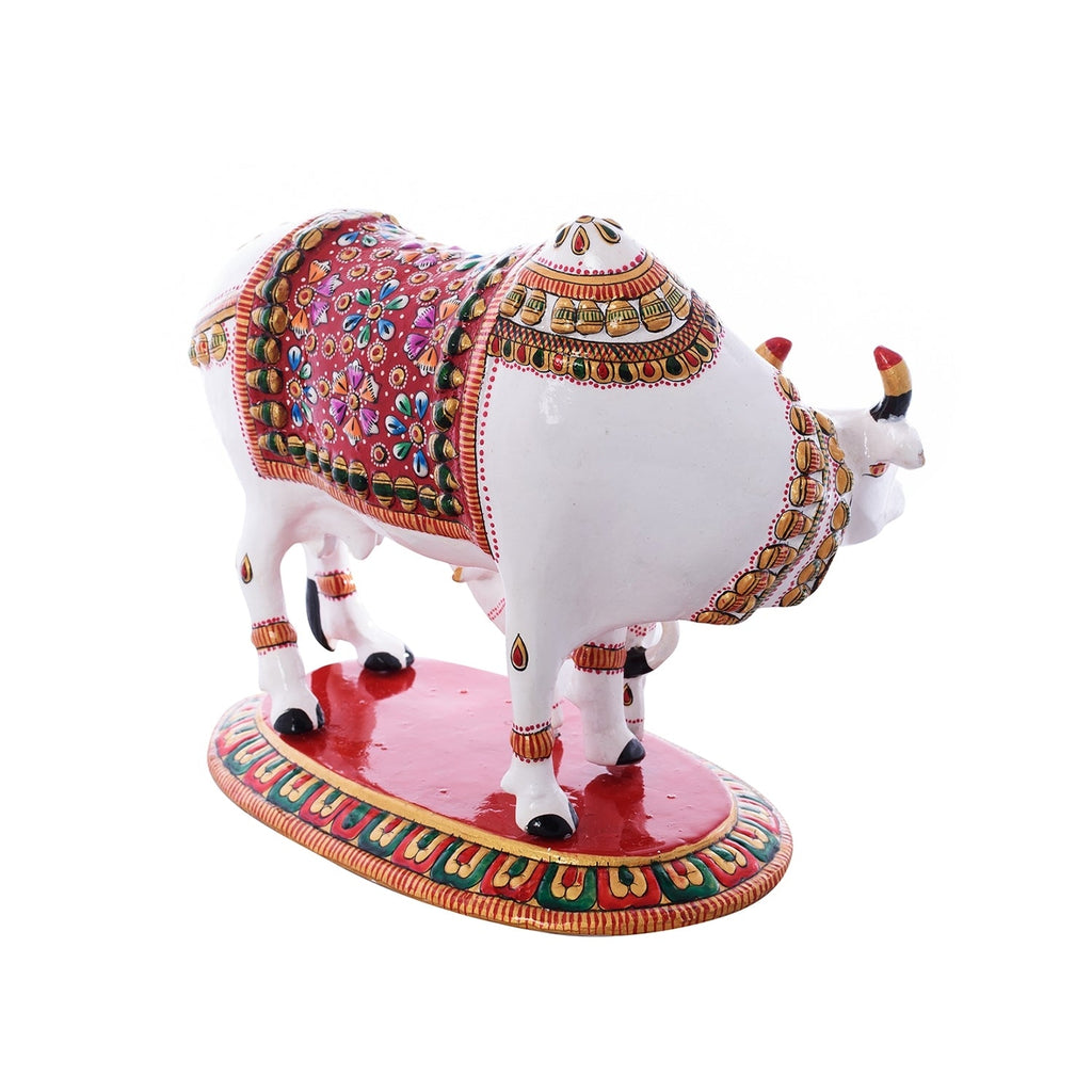 Meenakari Metal Colorful Cow And Calf statue (White, Red and Green) Kafalo