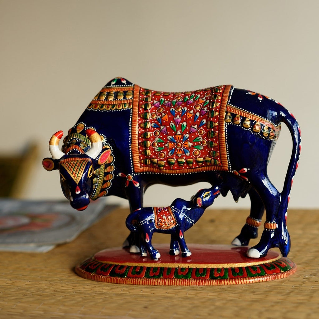 Meenakari Metal Blue and Red Cow And Calf statue Kafalo