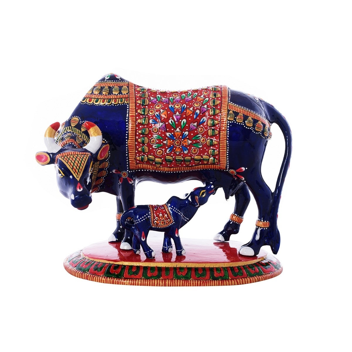 Meenakari Metal Blue and Red Cow And Calf statue Kafalo