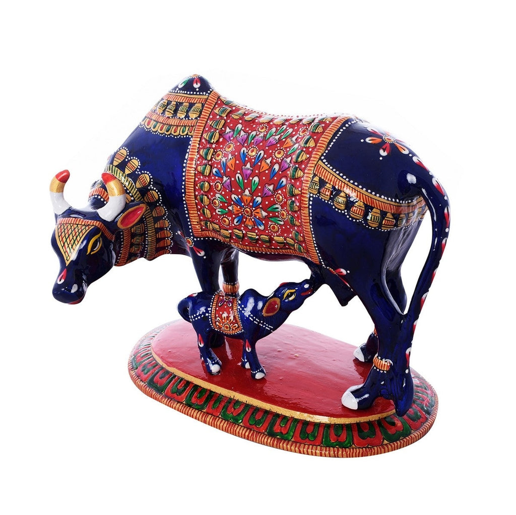 Meenakari Metal Blue and Red Cow And Calf statue Kafalo