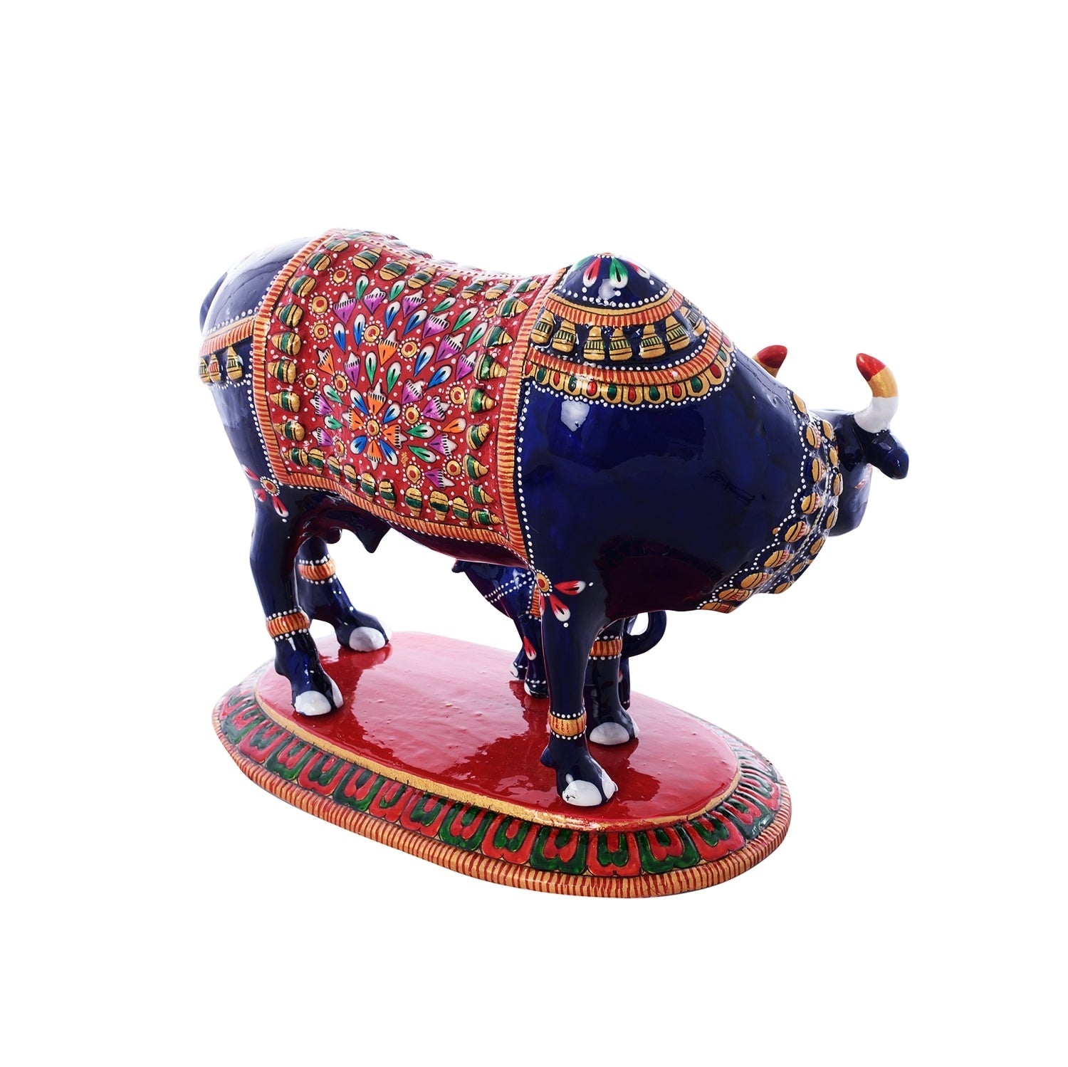 Meenakari Metal Blue and Red Cow And Calf statue Kafalo