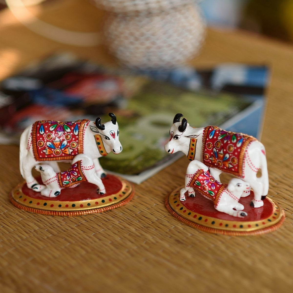 Set of 2 Meenakari Cow And Calf Figurine Kafalo