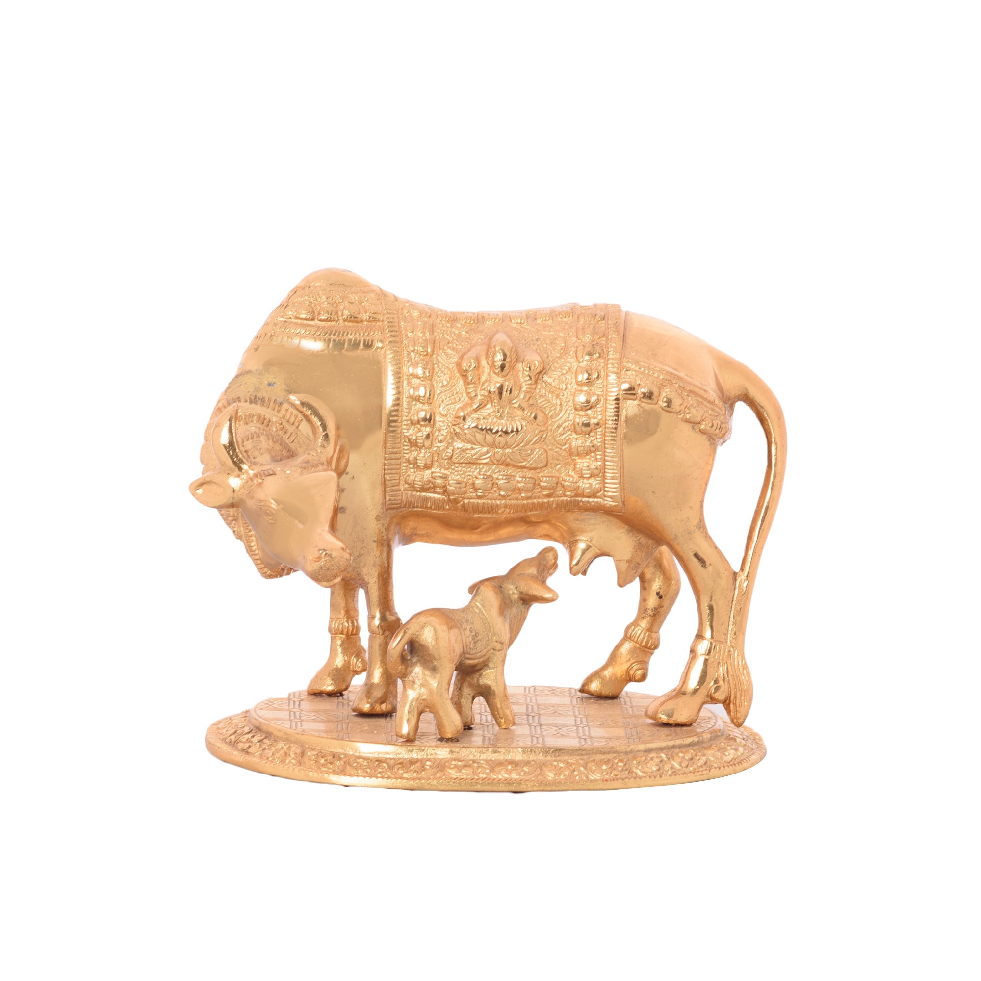 Golden Metal Kamdhenu Cow and Calf statue Kafalo