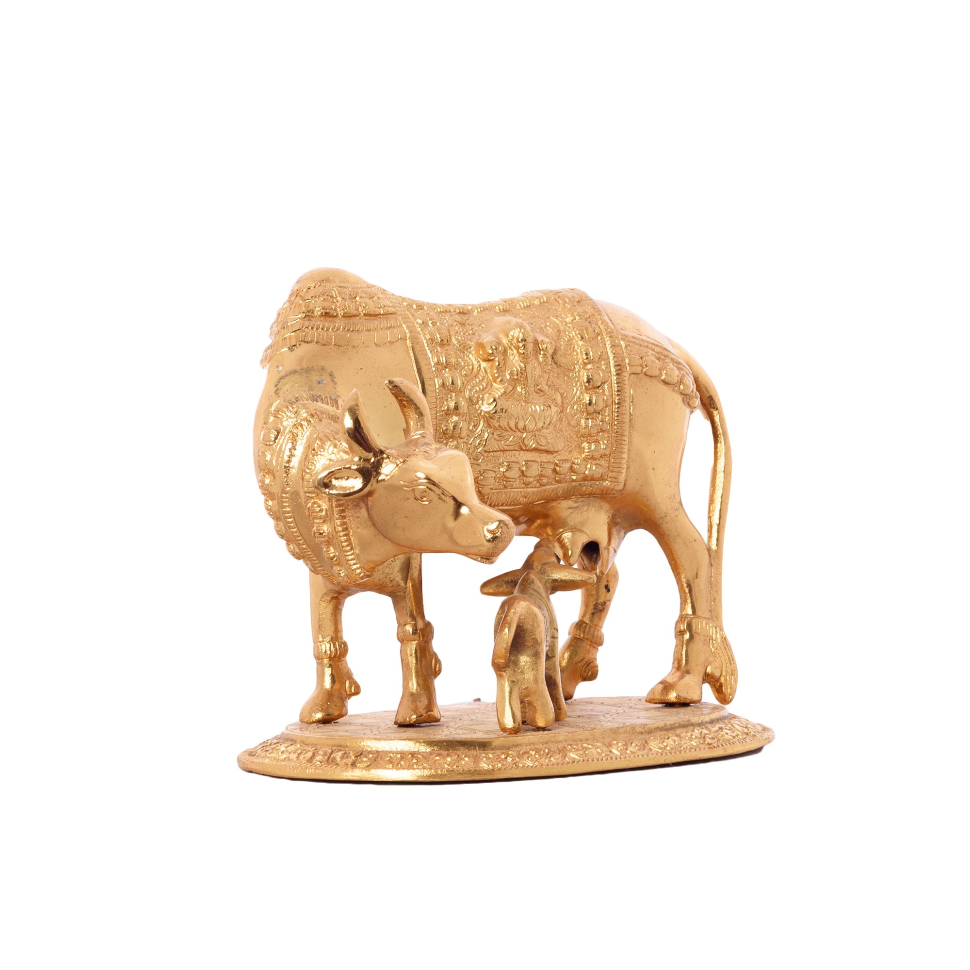 Golden Metal Kamdhenu Cow and Calf statue Kafalo