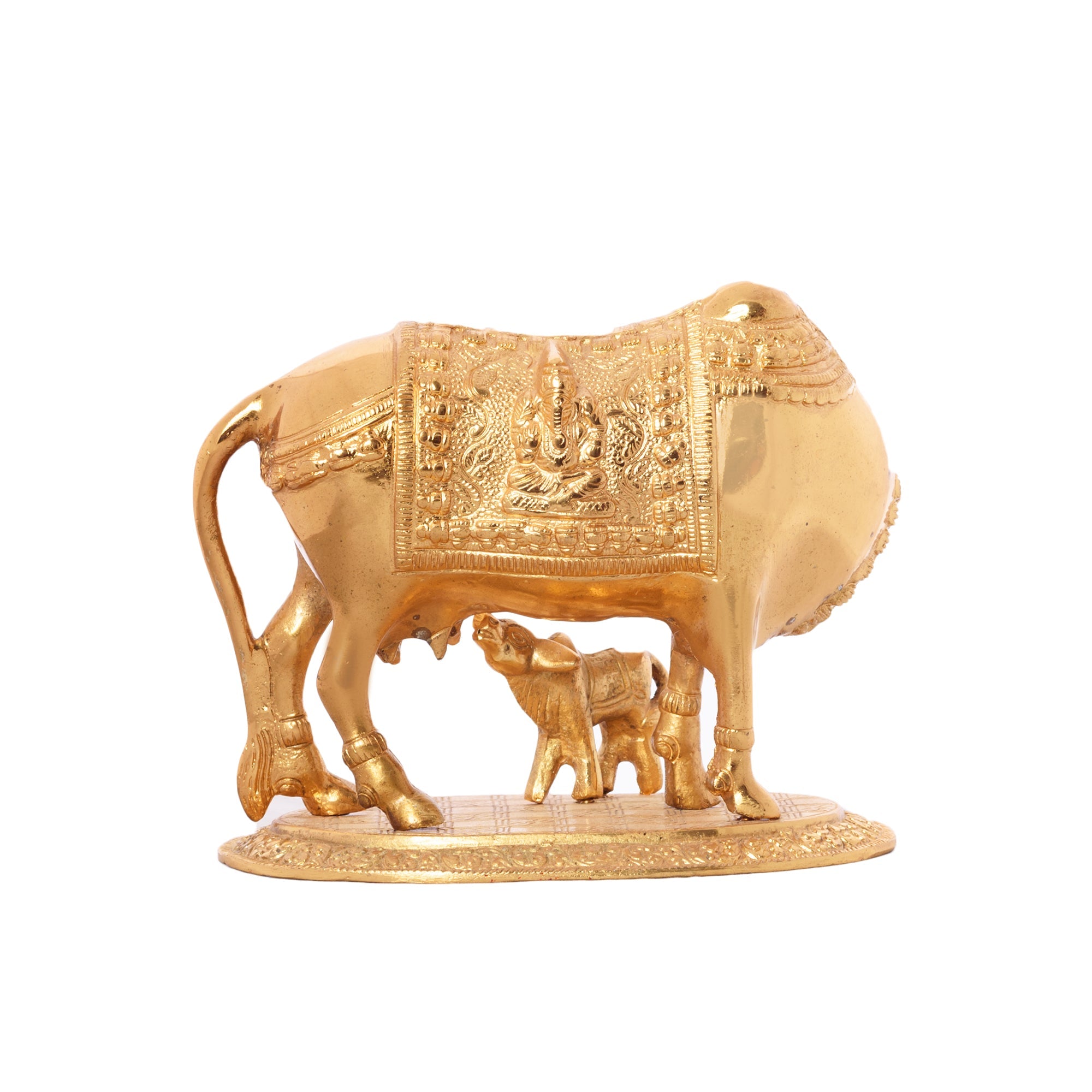 Golden Metal Kamdhenu Cow and Calf statue Kafalo