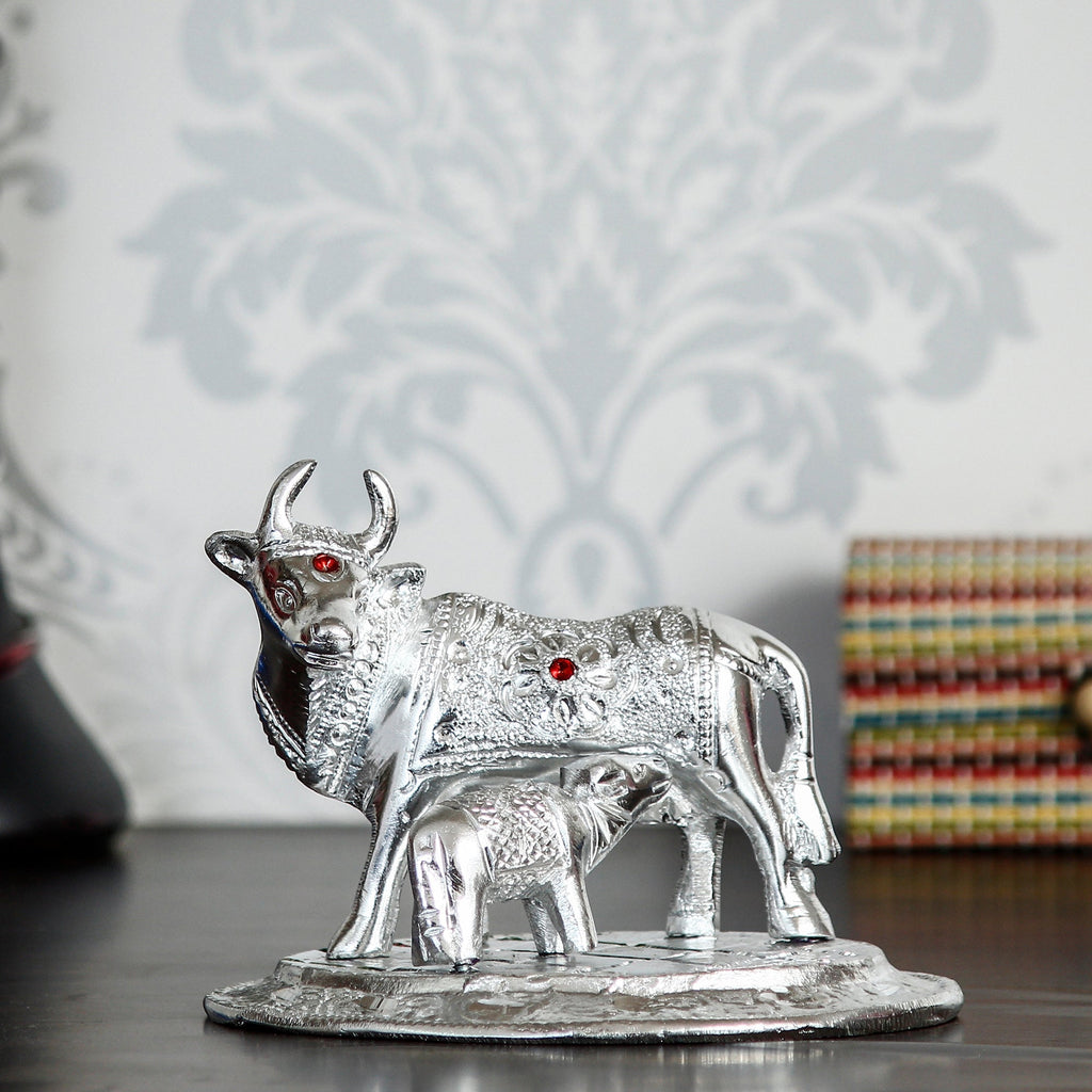 Silver White Metal Decorative Kamdhenu Cow with Calf Statue Kafalo