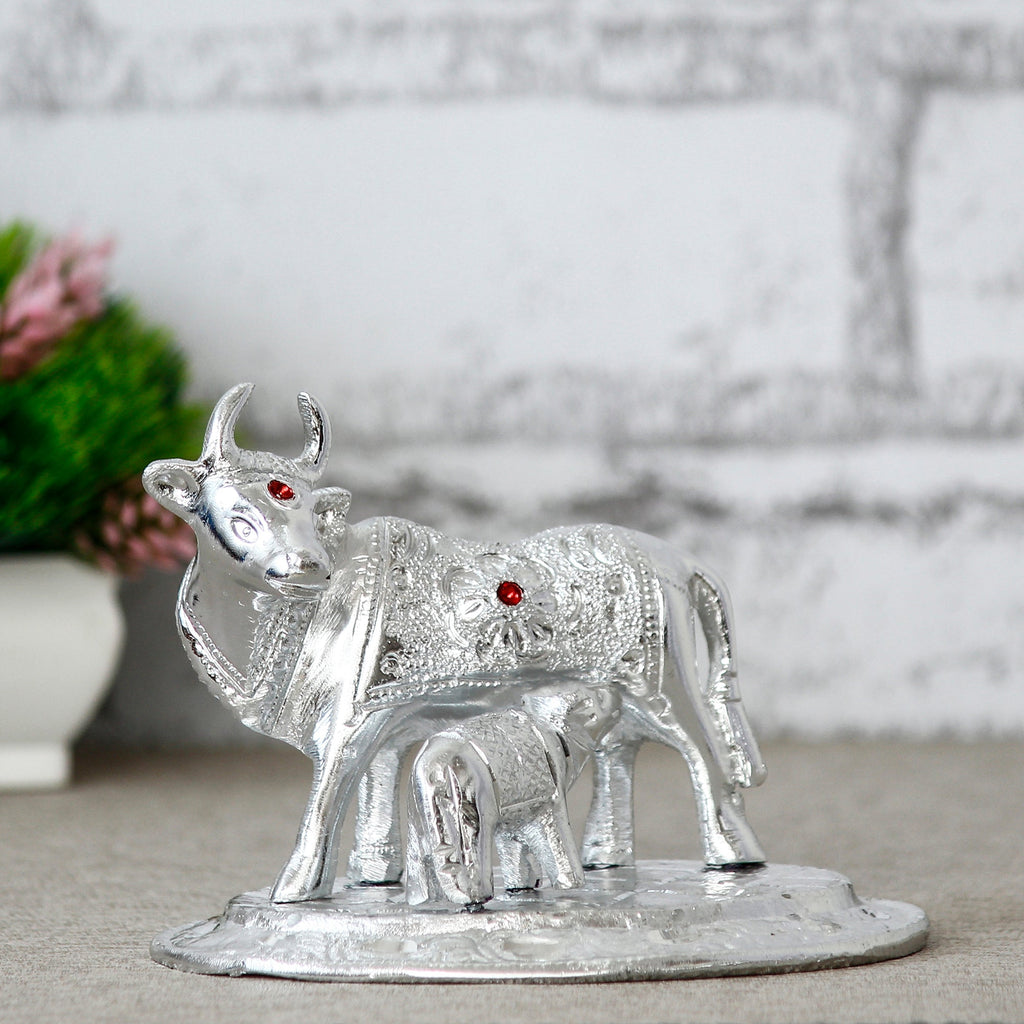 Silver White Metal Decorative Kamdhenu Cow with Calf Statue Kafalo
