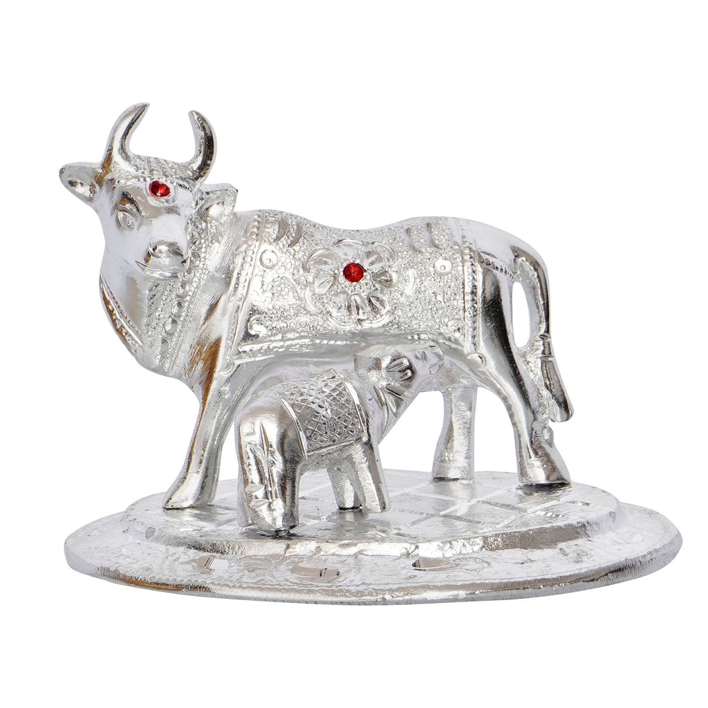 Silver White Metal Decorative Kamdhenu Cow with Calf Statue Kafalo
