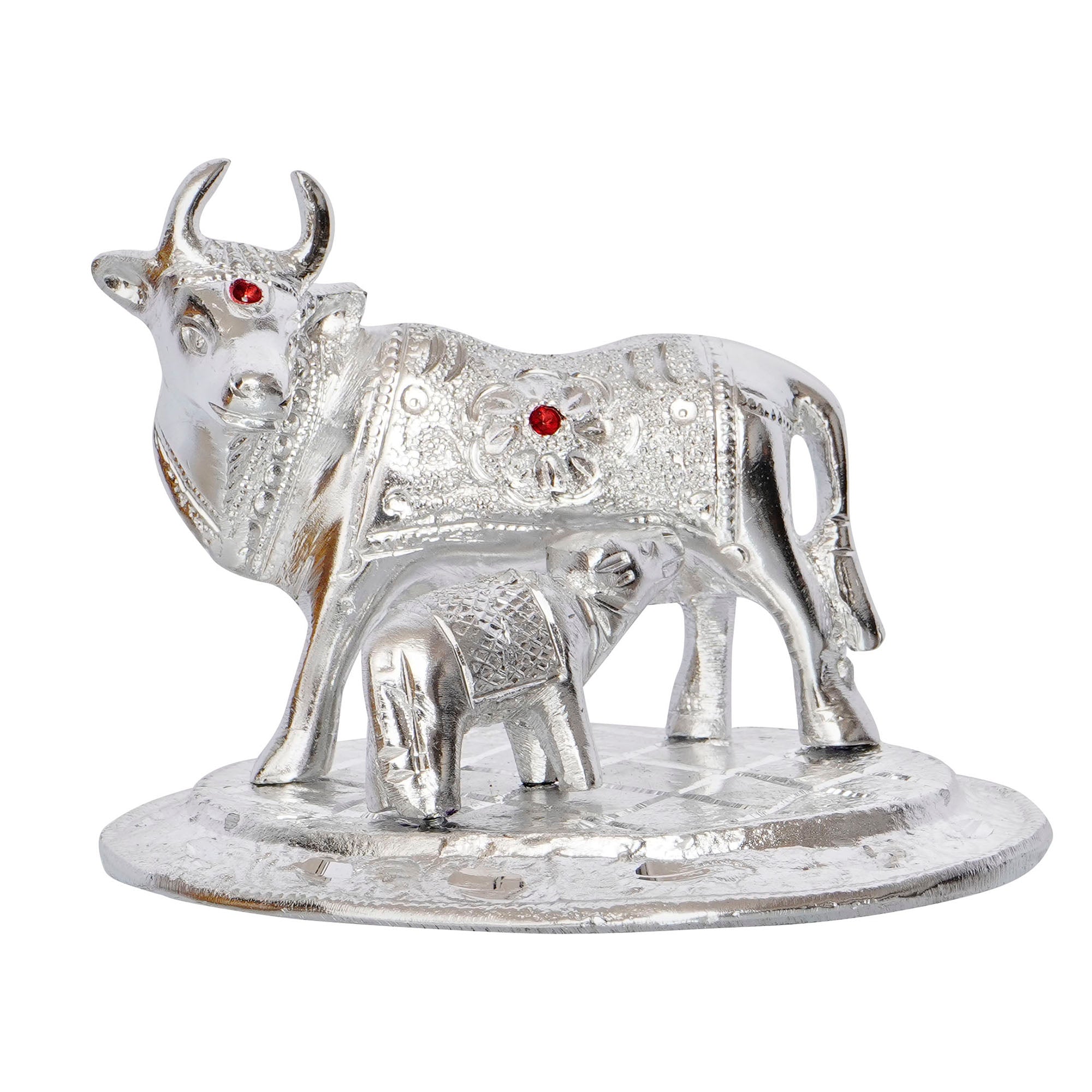 Silver White Metal Decorative Kamdhenu Cow with Calf Statue Kafalo