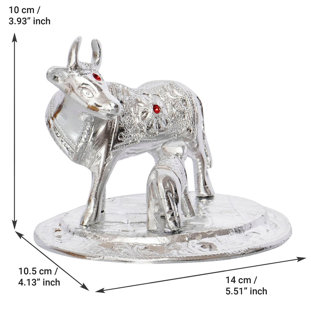Silver White Metal Decorative Kamdhenu Cow with Calf Statue Kafalo