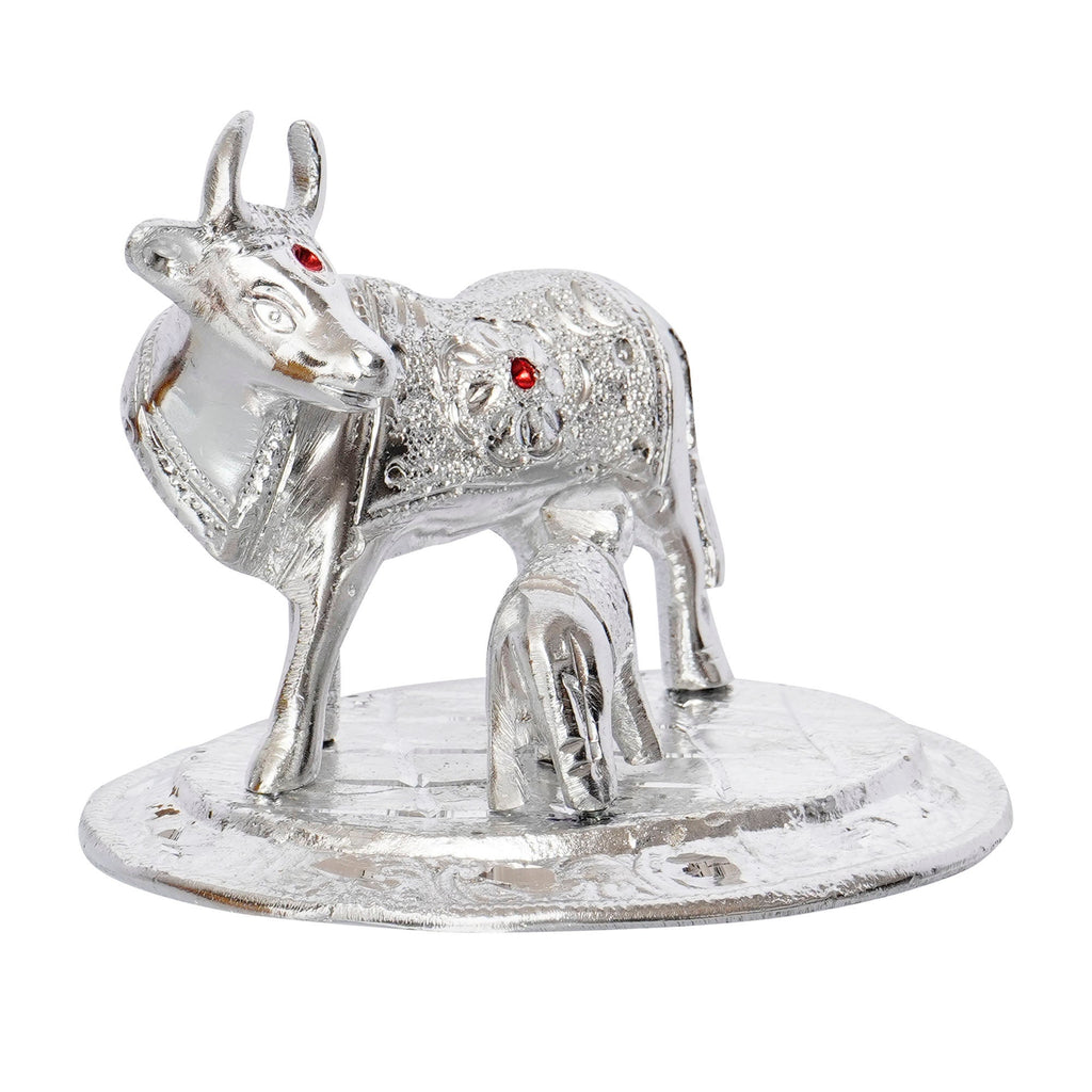 Silver White Metal Decorative Kamdhenu Cow with Calf Statue Kafalo