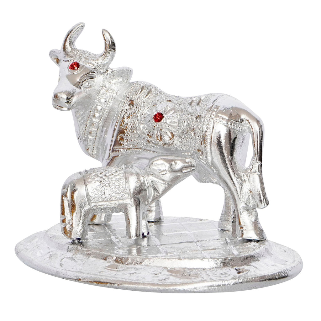 Silver White Metal Decorative Kamdhenu Cow with Calf Statue Kafalo