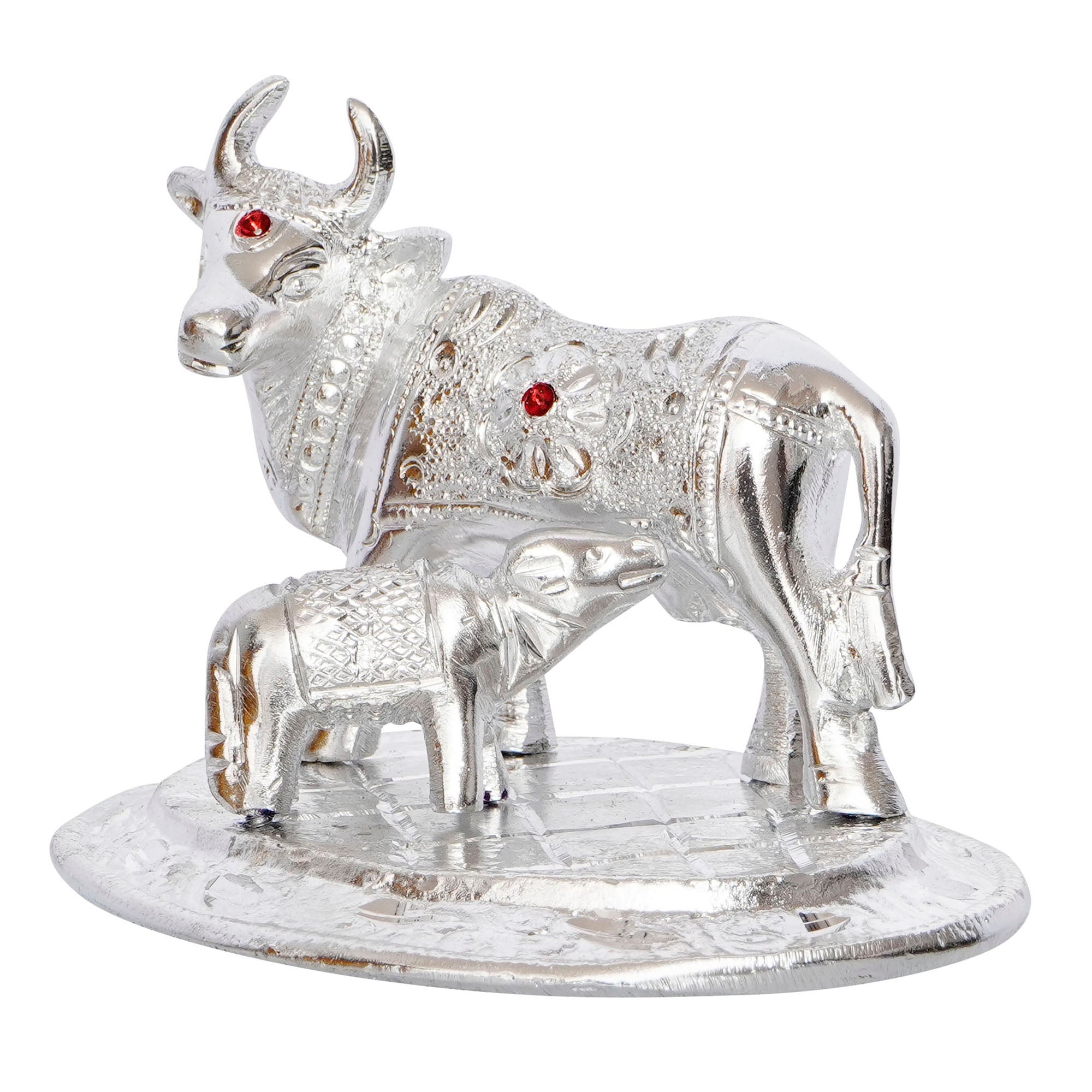 Silver White Metal Decorative Kamdhenu Cow with Calf Statue Kafalo