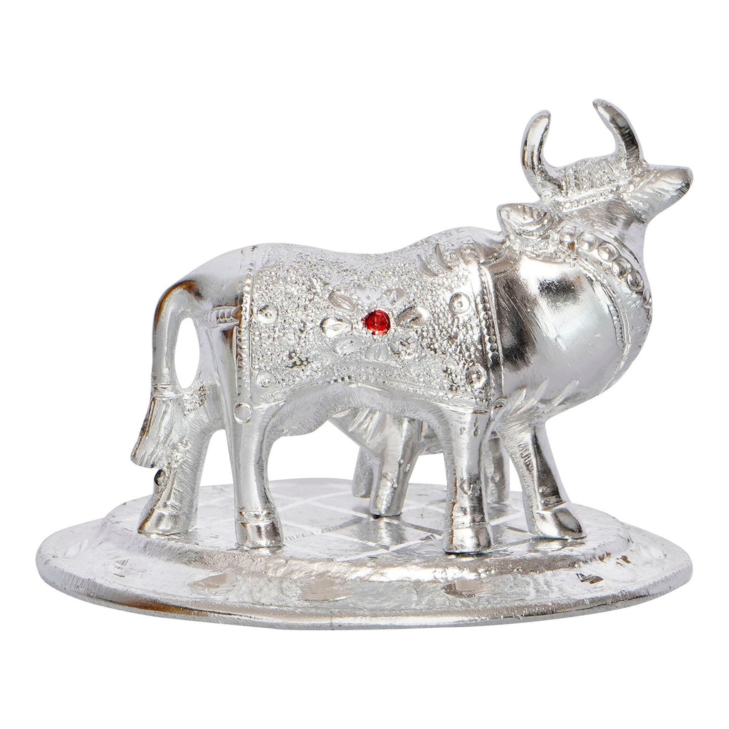 Silver White Metal Decorative Kamdhenu Cow with Calf Statue Kafalo