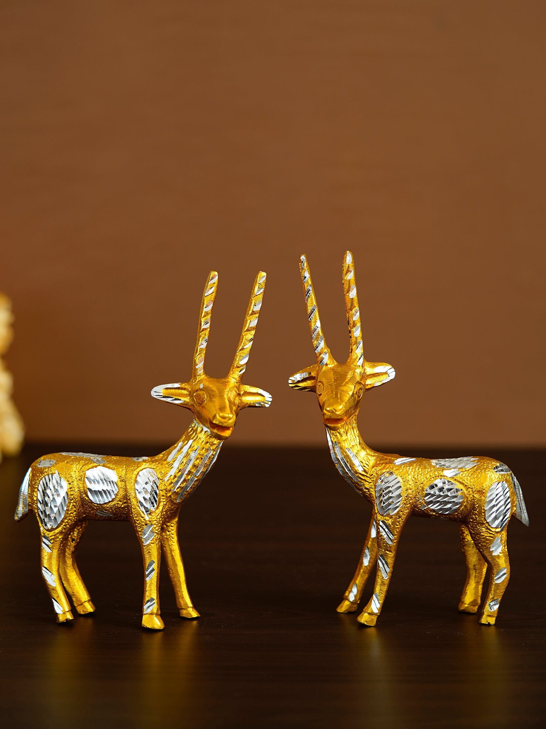Set of 2 Engraved Golden Deer Handcrafted Decorative Metal Figurine Kafalo