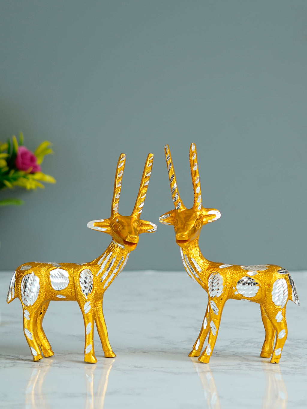 Set of 2 Engraved Golden Deer Handcrafted Decorative Metal Figurine Kafalo