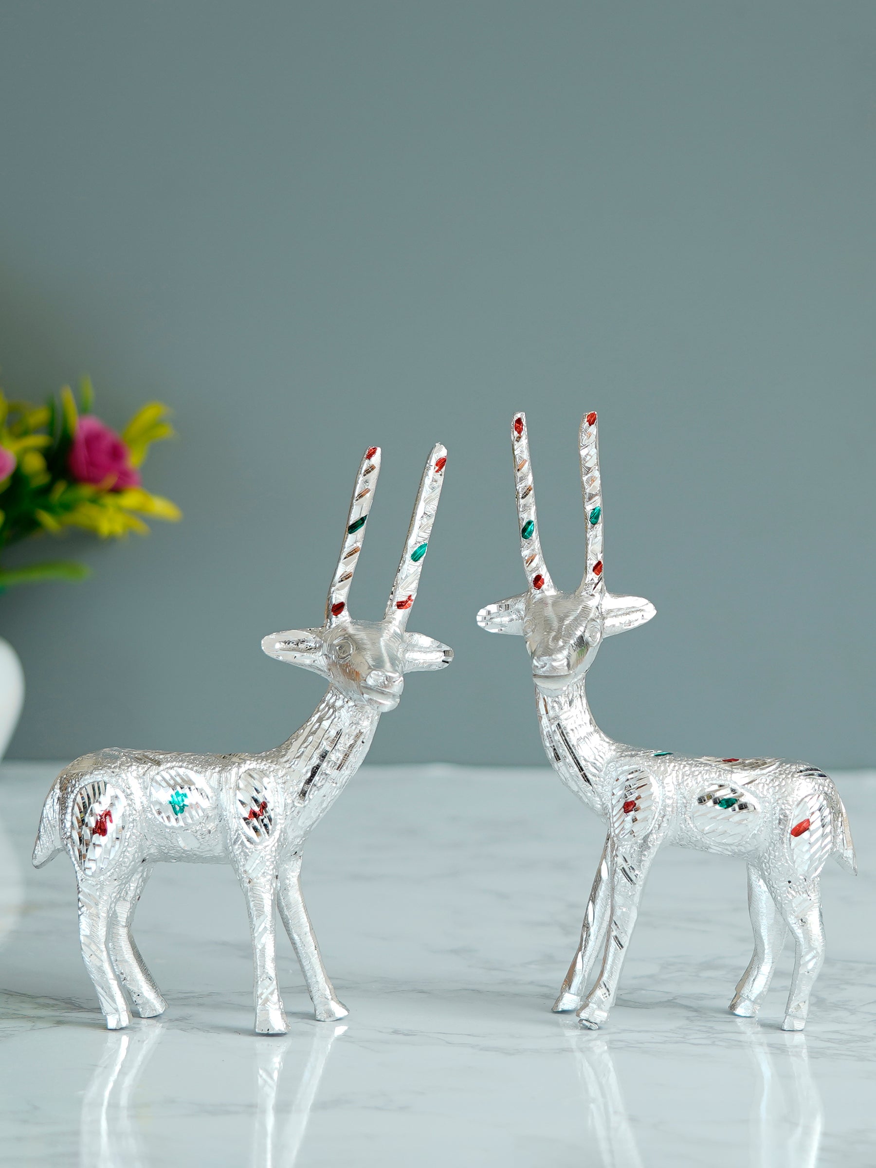 Set of 2 Engraved Silver Deer Handcrafted Decorative Metal Figurine Kafalo