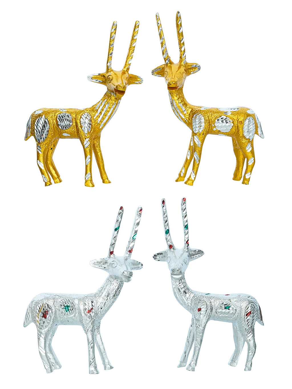Set of 4 Engraved Golder and Silver Deer Pair Handcrafted Decorative Metal Figurine Kafalo