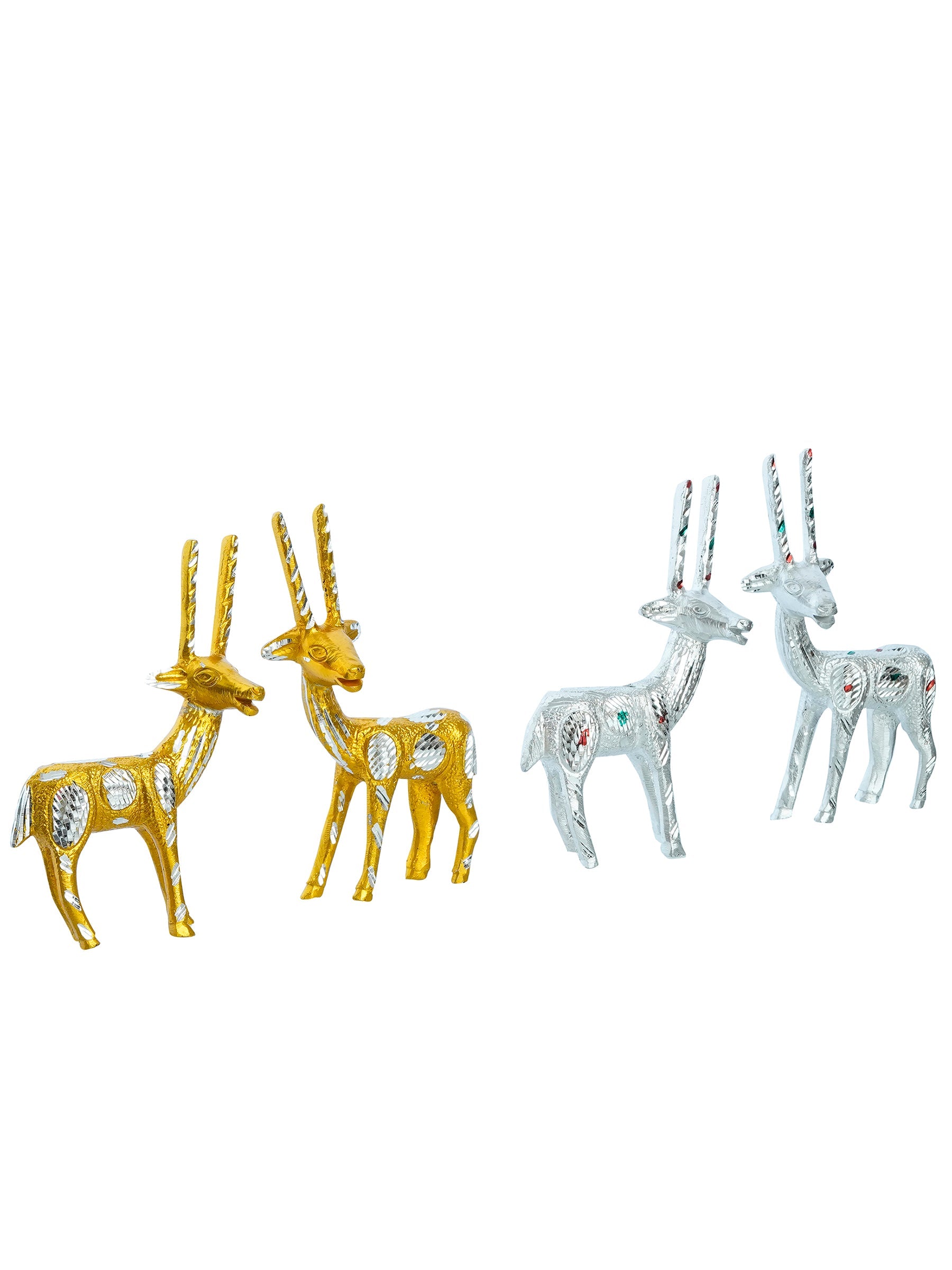 Set of 4 Engraved Golder and Silver Deer Pair Handcrafted Decorative Metal Figurine Kafalo