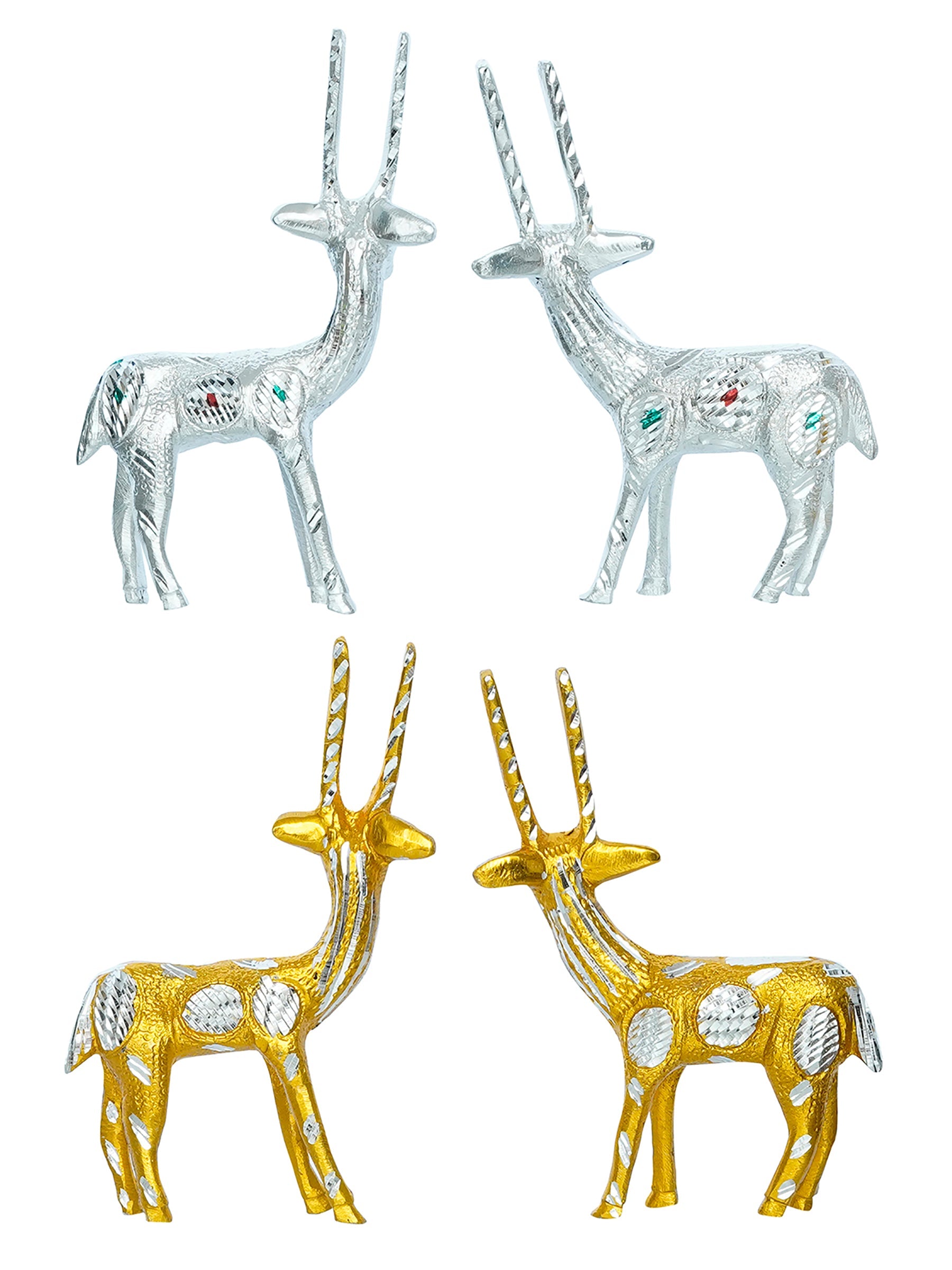 Set of 4 Engraved Golder and Silver Deer Pair Handcrafted Decorative Metal Figurine Kafalo