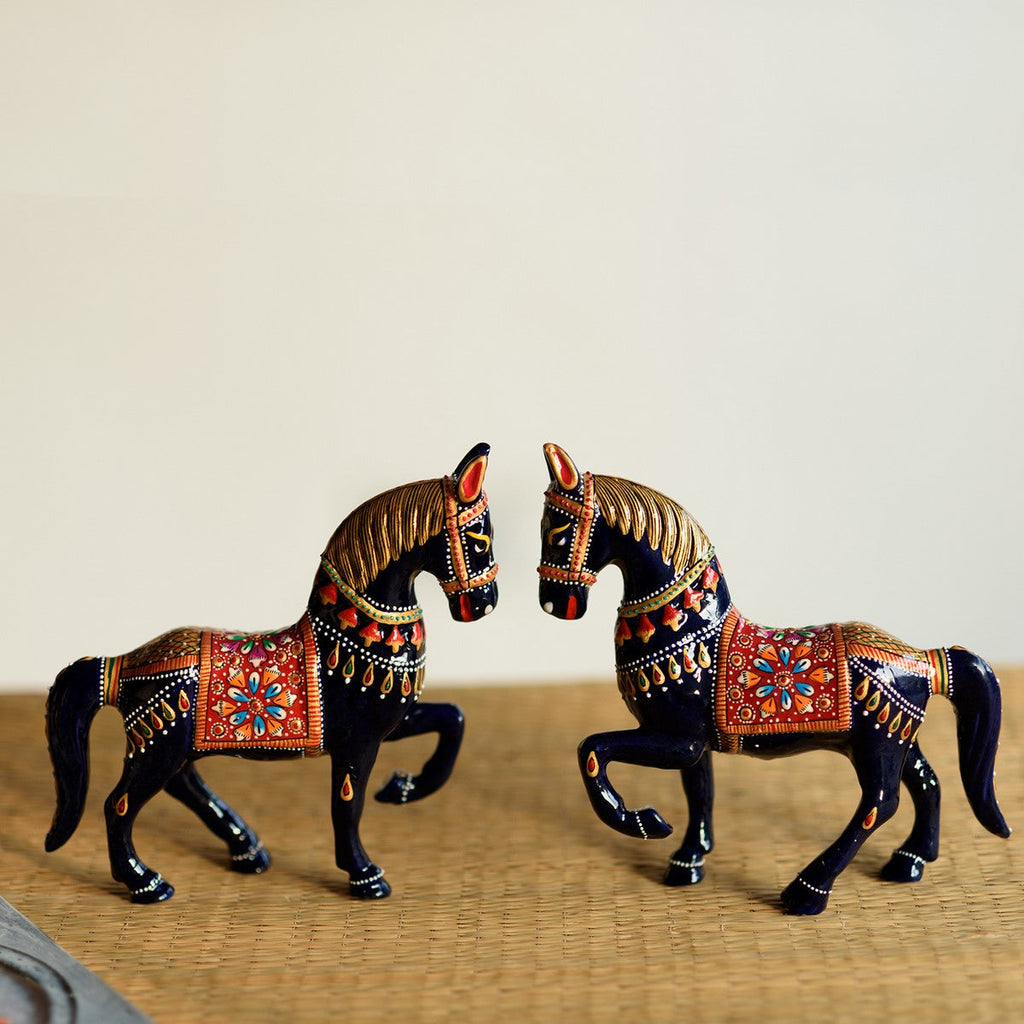 Meenakari Metal Blue and Red Set of 2 Marching Horses Figurine Kafalo