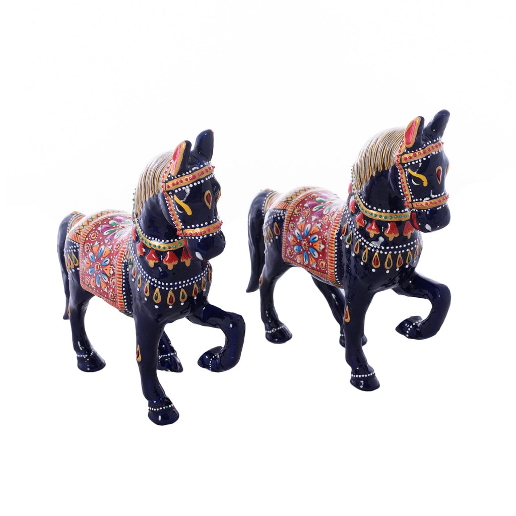 Meenakari Metal Blue and Red Set of 2 Marching Horses Figurine Kafalo