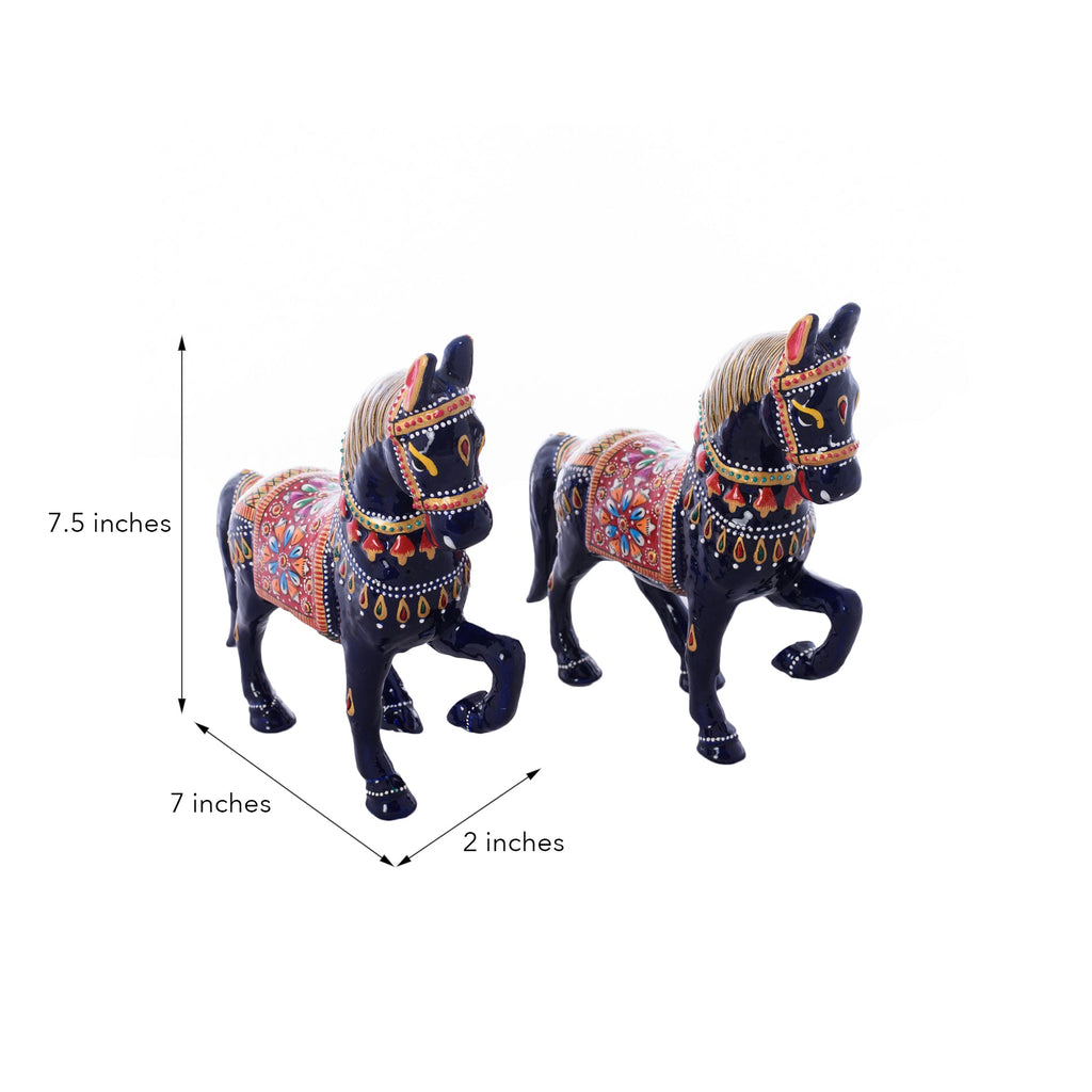 Meenakari Metal Blue and Red Set of 2 Marching Horses Figurine Kafalo