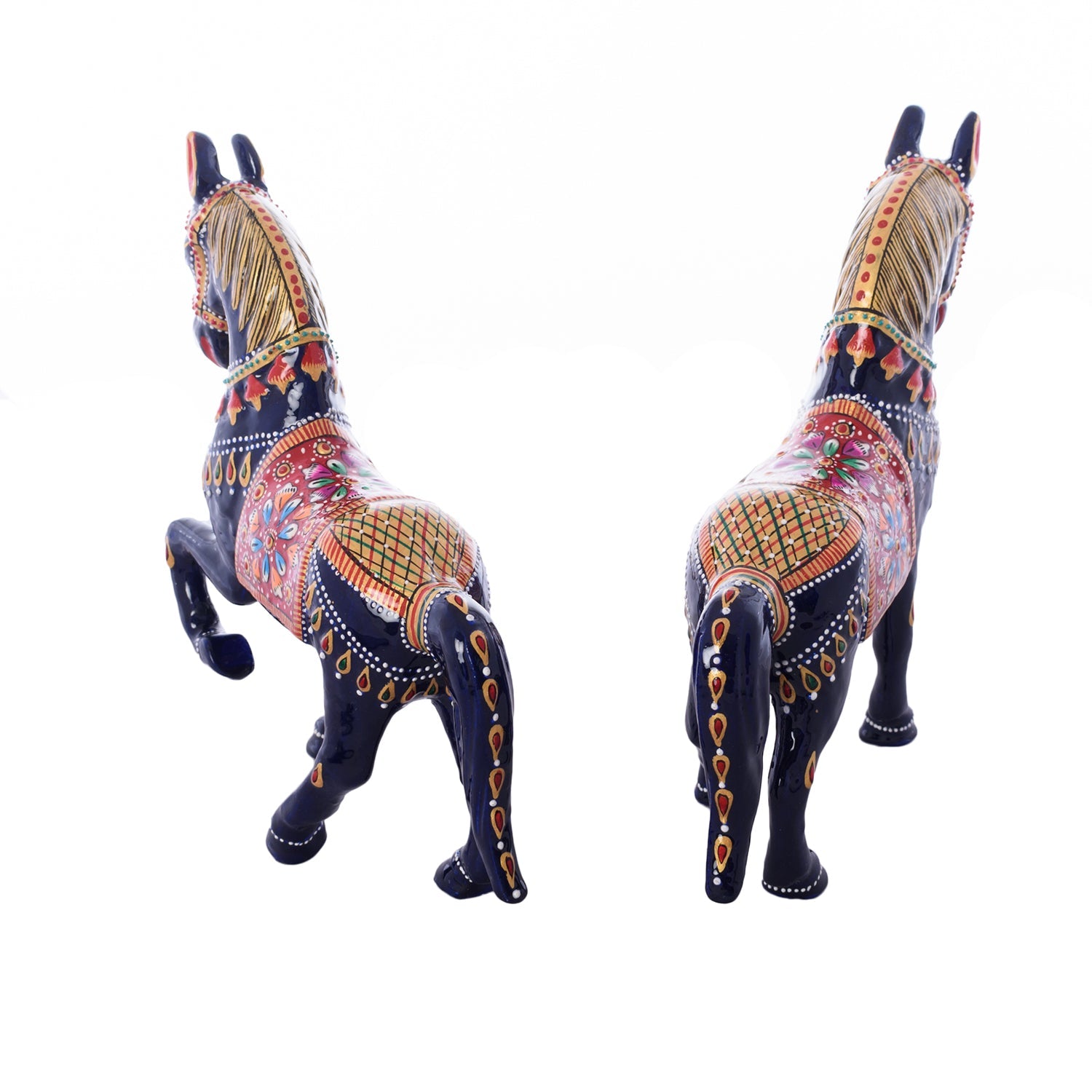 Meenakari Metal Blue and Red Set of 2 Marching Horses Figurine Kafalo