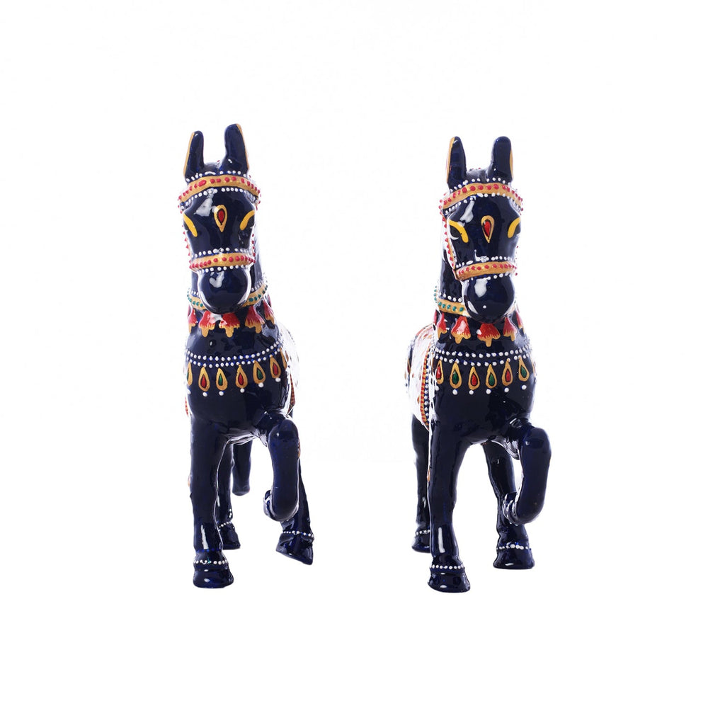 Meenakari Metal Blue and Red Set of 2 Marching Horses Figurine Kafalo