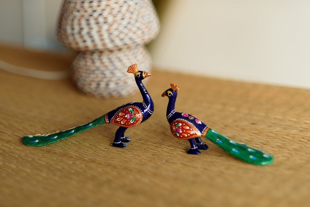 Set of 2 Coloful Meenakari Sitting Peacocks Figurine Kafalo