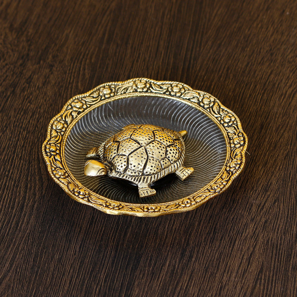 Golden Metal Feng Shui Tortoise Statue on Plate Kafalo