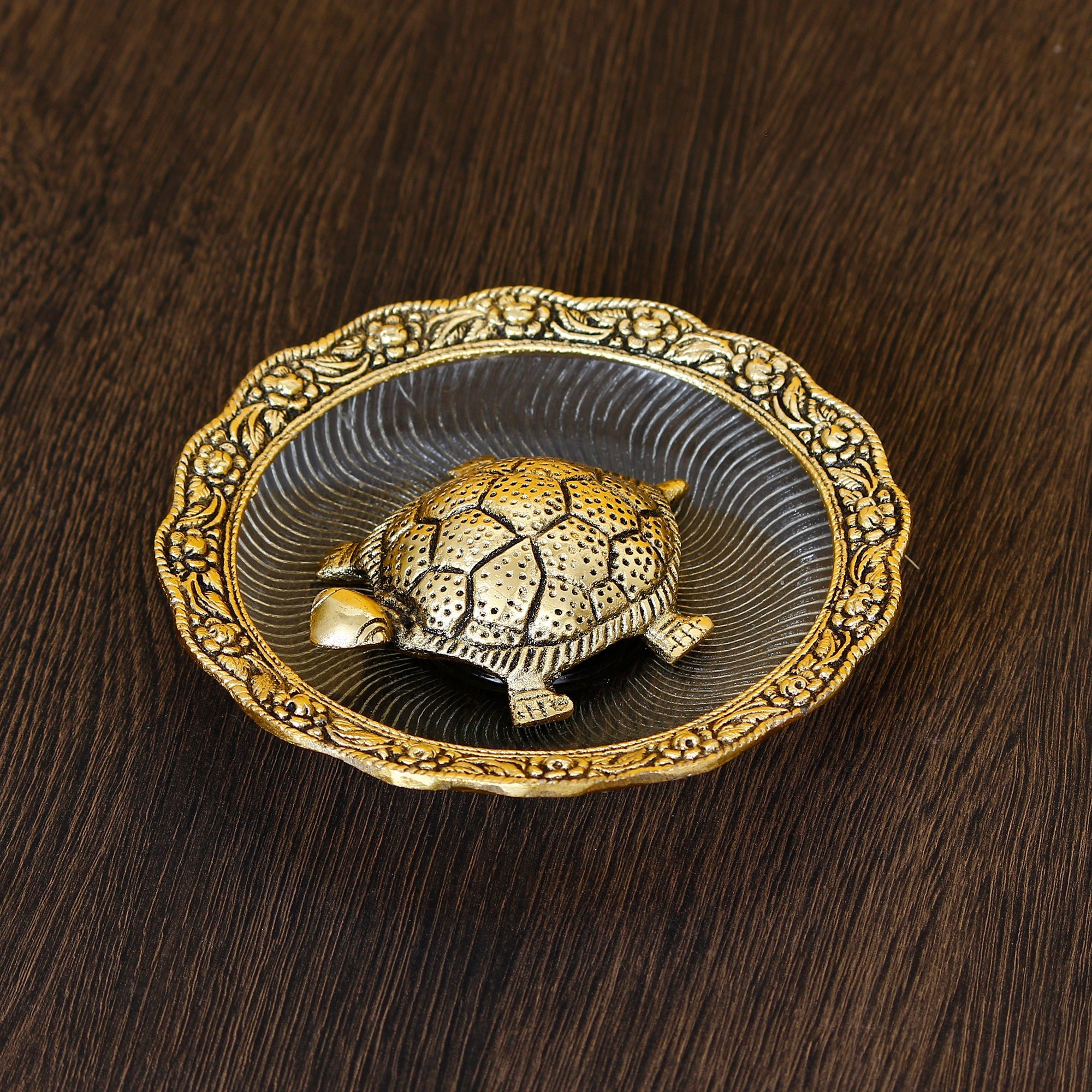 Golden Metal Feng Shui Tortoise Statue on Plate Kafalo