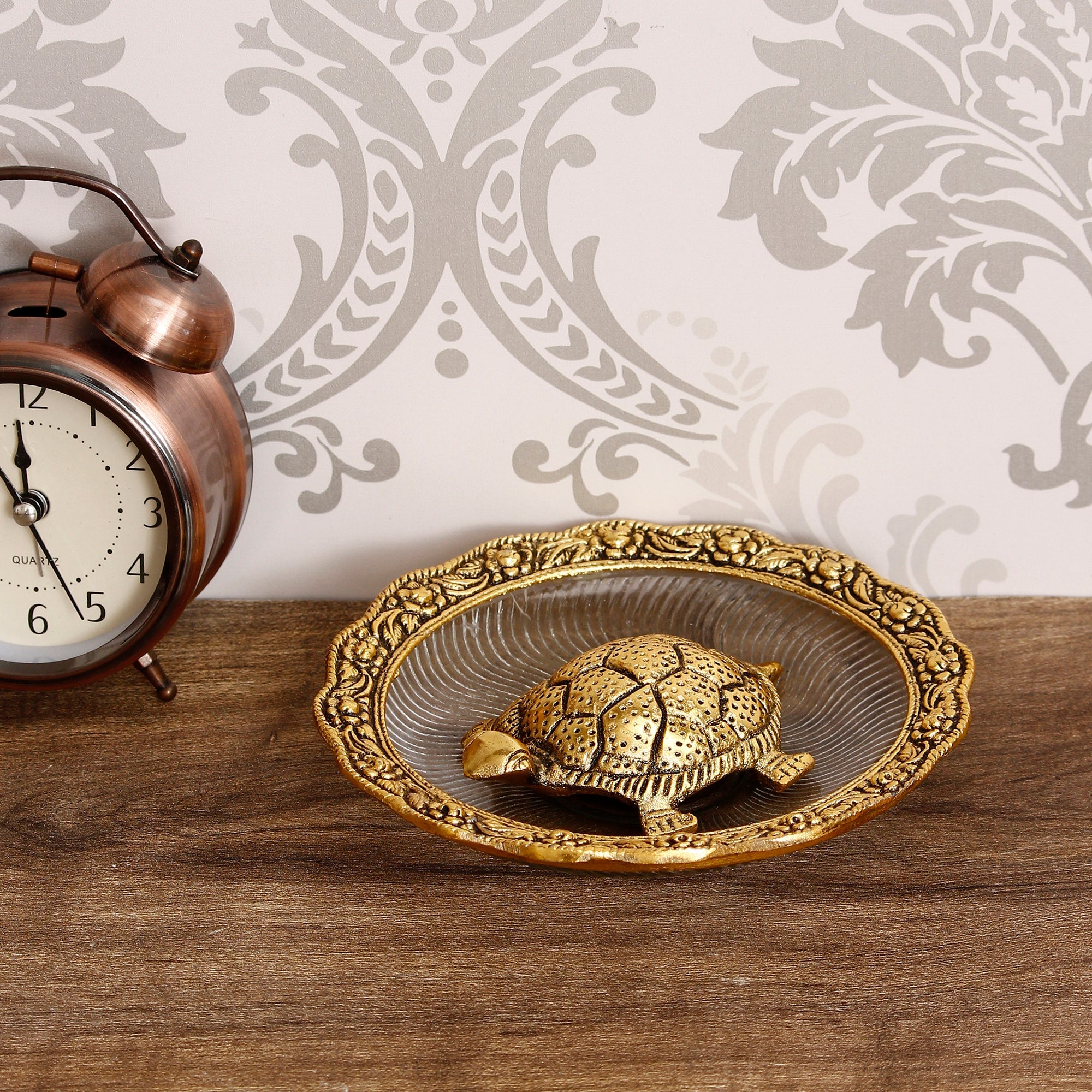 Golden Metal Feng Shui Tortoise Statue on Plate Kafalo