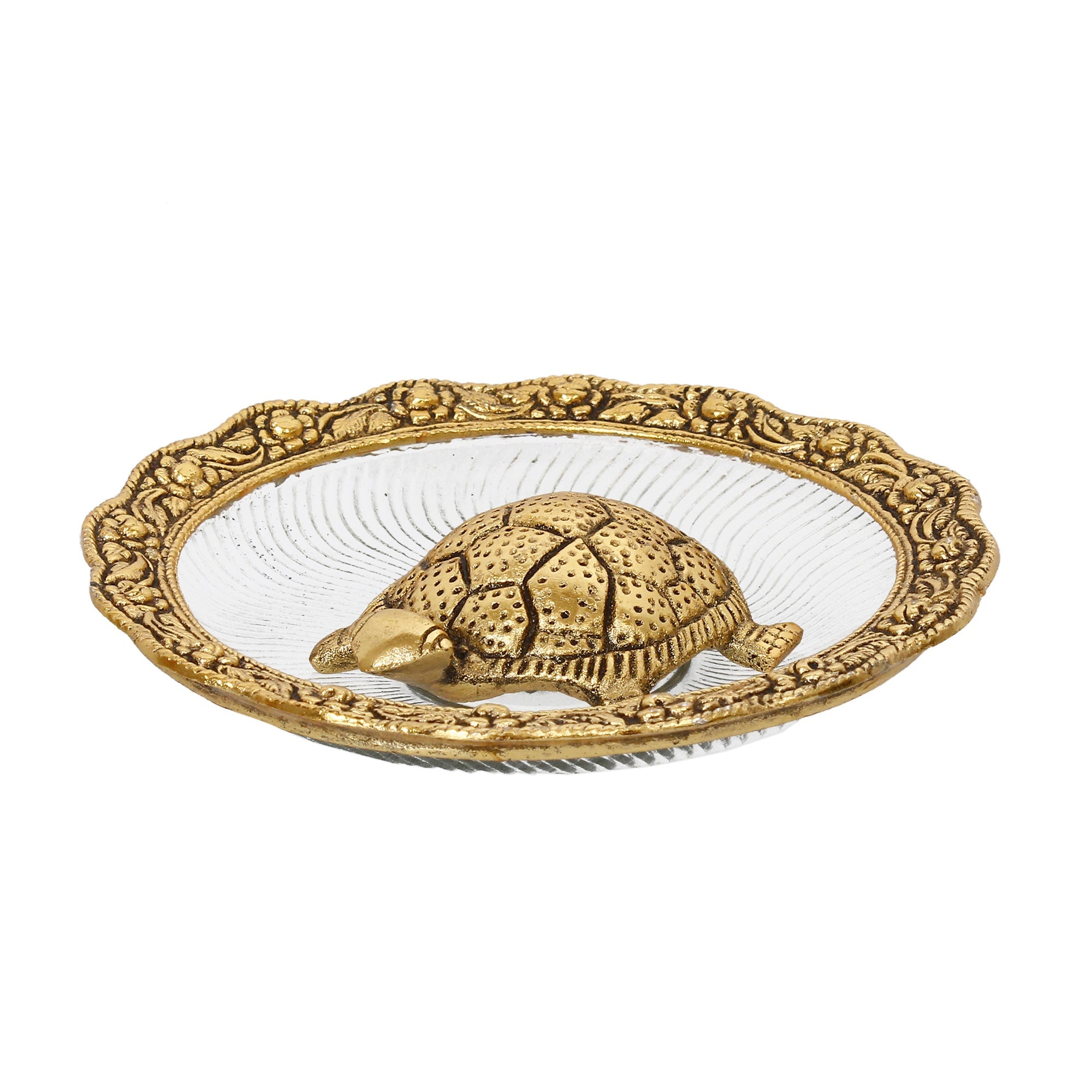Golden Metal Feng Shui Tortoise Statue on Plate Kafalo