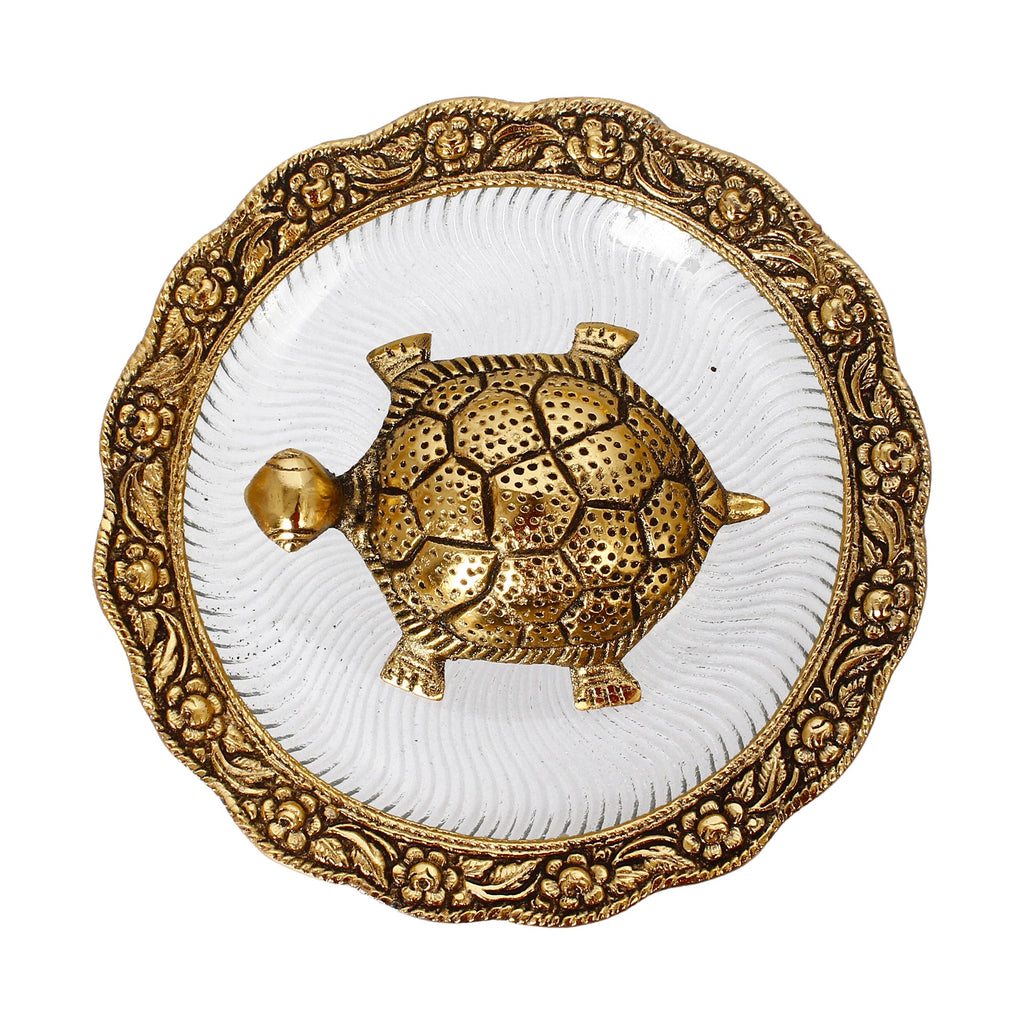 Golden Metal Feng Shui Tortoise Statue on Plate Kafalo