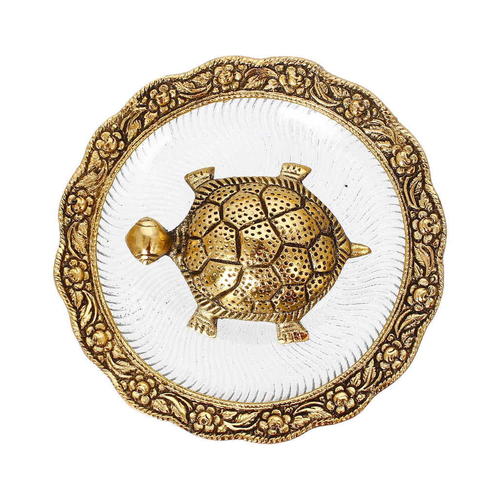 Golden Metal Feng Shui Tortoise Statue on Plate Kafalo