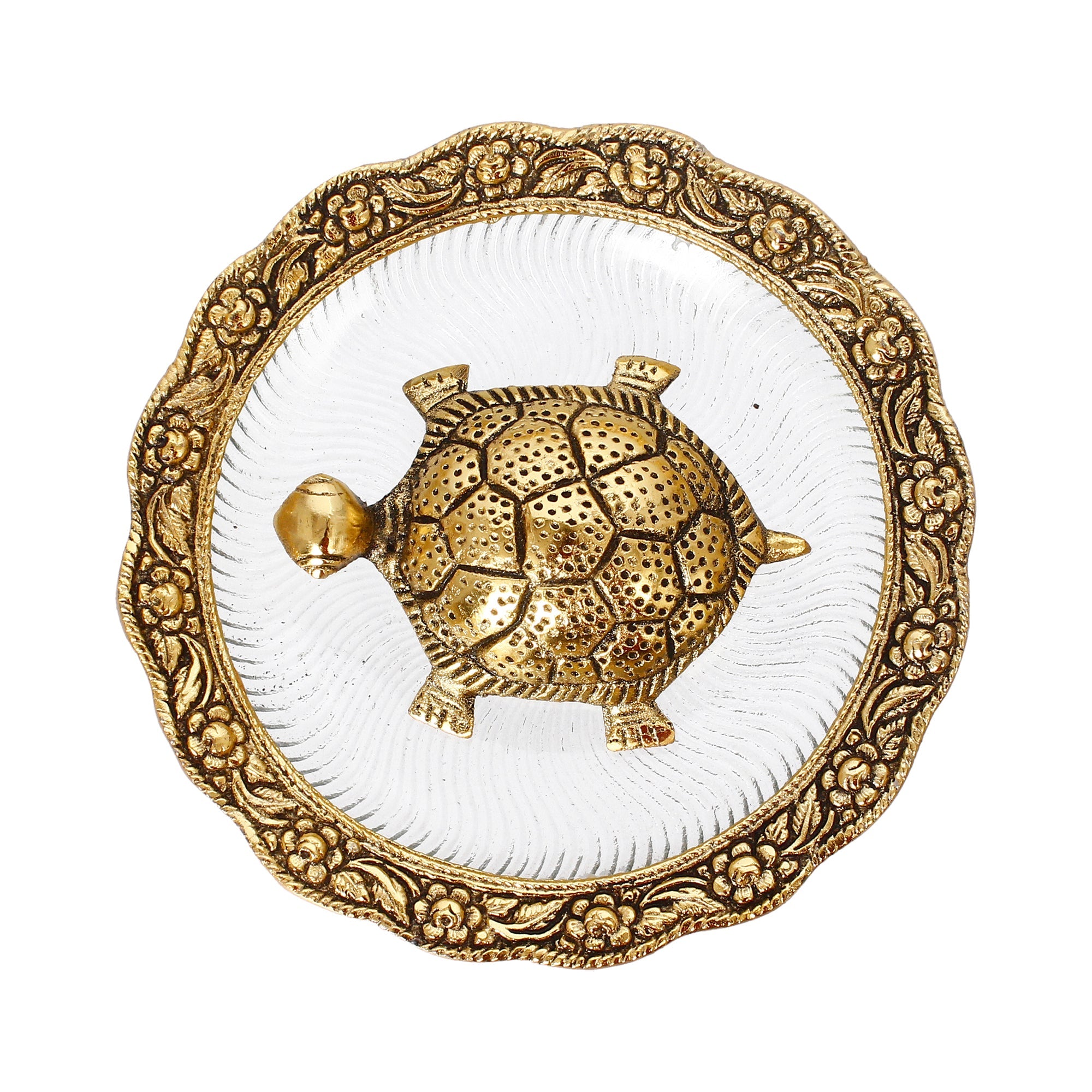 Golden Metal Feng Shui Tortoise Statue on Plate Kafalo