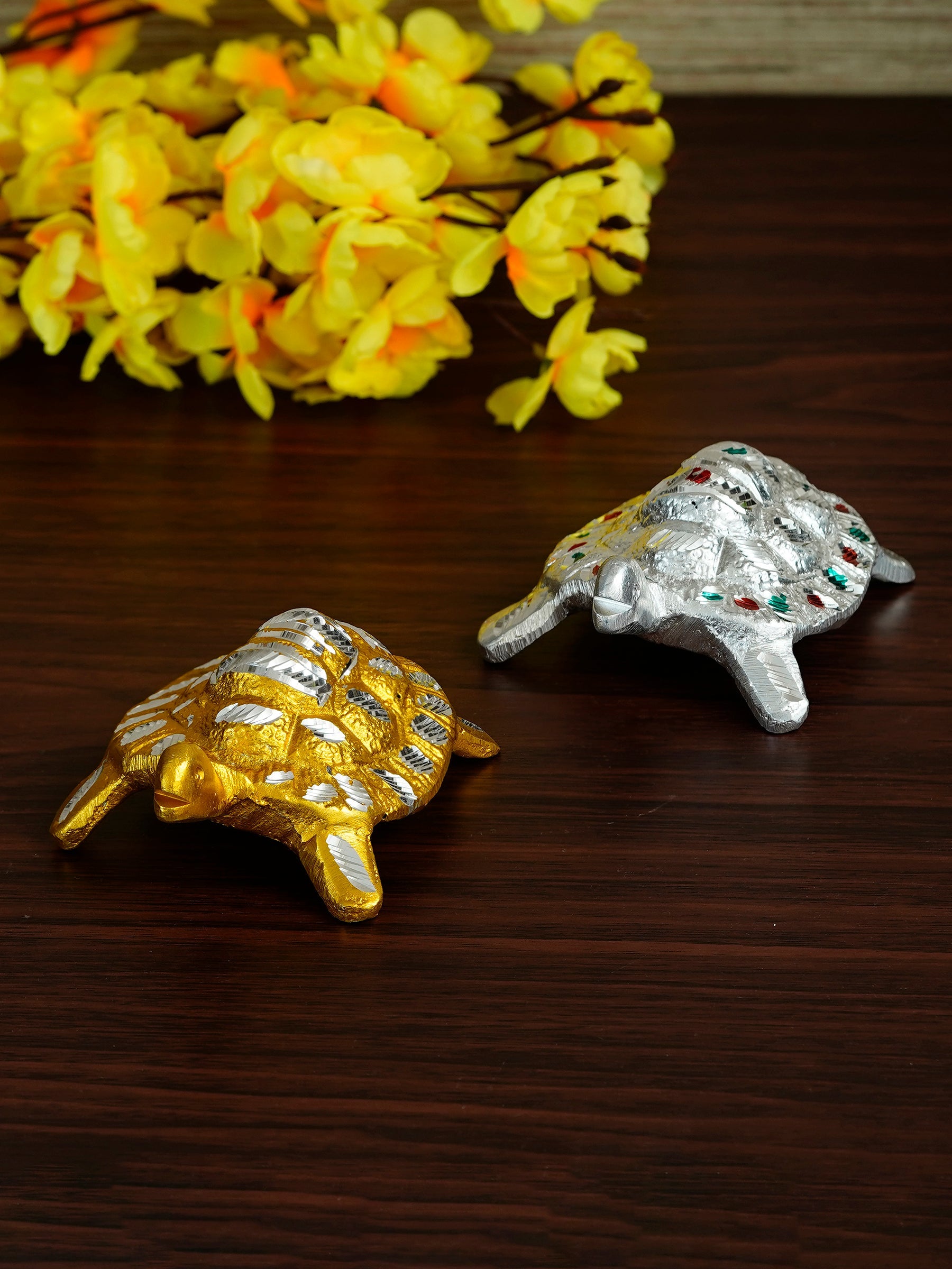 Golden and Silver Engraved Tortoise Feng Shui Handcrafted Decorative Metal Showpiece Kafalo