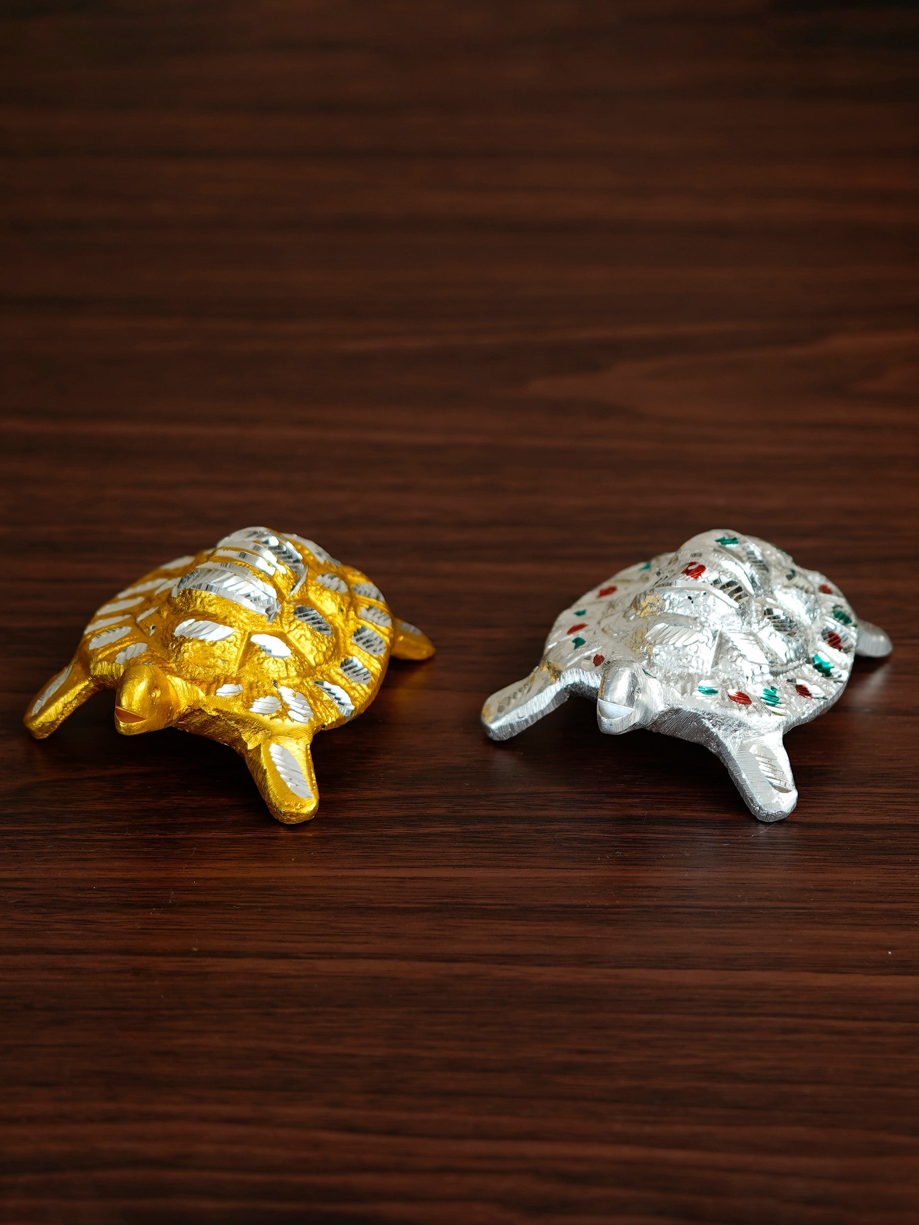 Golden and Silver Engraved Tortoise Feng Shui Handcrafted Decorative Metal Showpiece Kafalo