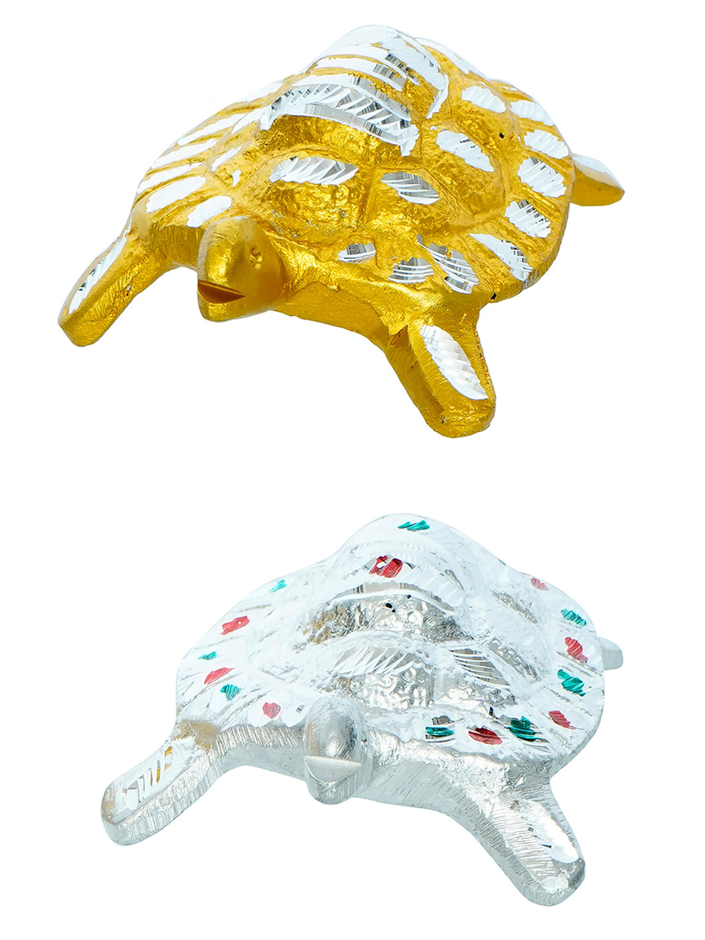 Golden and Silver Engraved Tortoise Feng Shui Handcrafted Decorative Metal Showpiece Kafalo