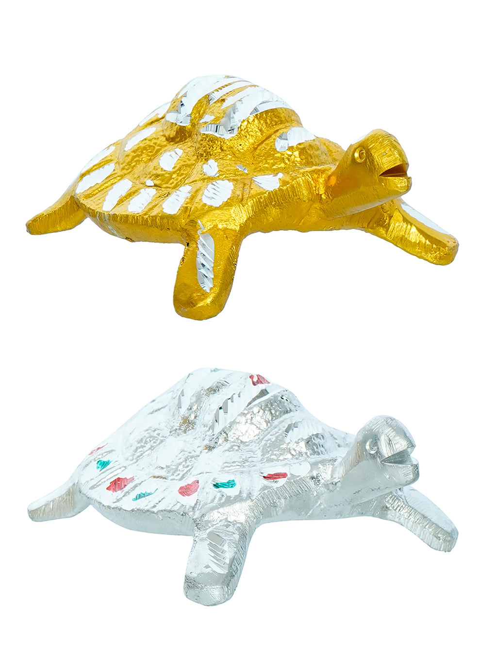 Golden and Silver Engraved Tortoise Feng Shui Handcrafted Decorative Metal Showpiece Kafalo