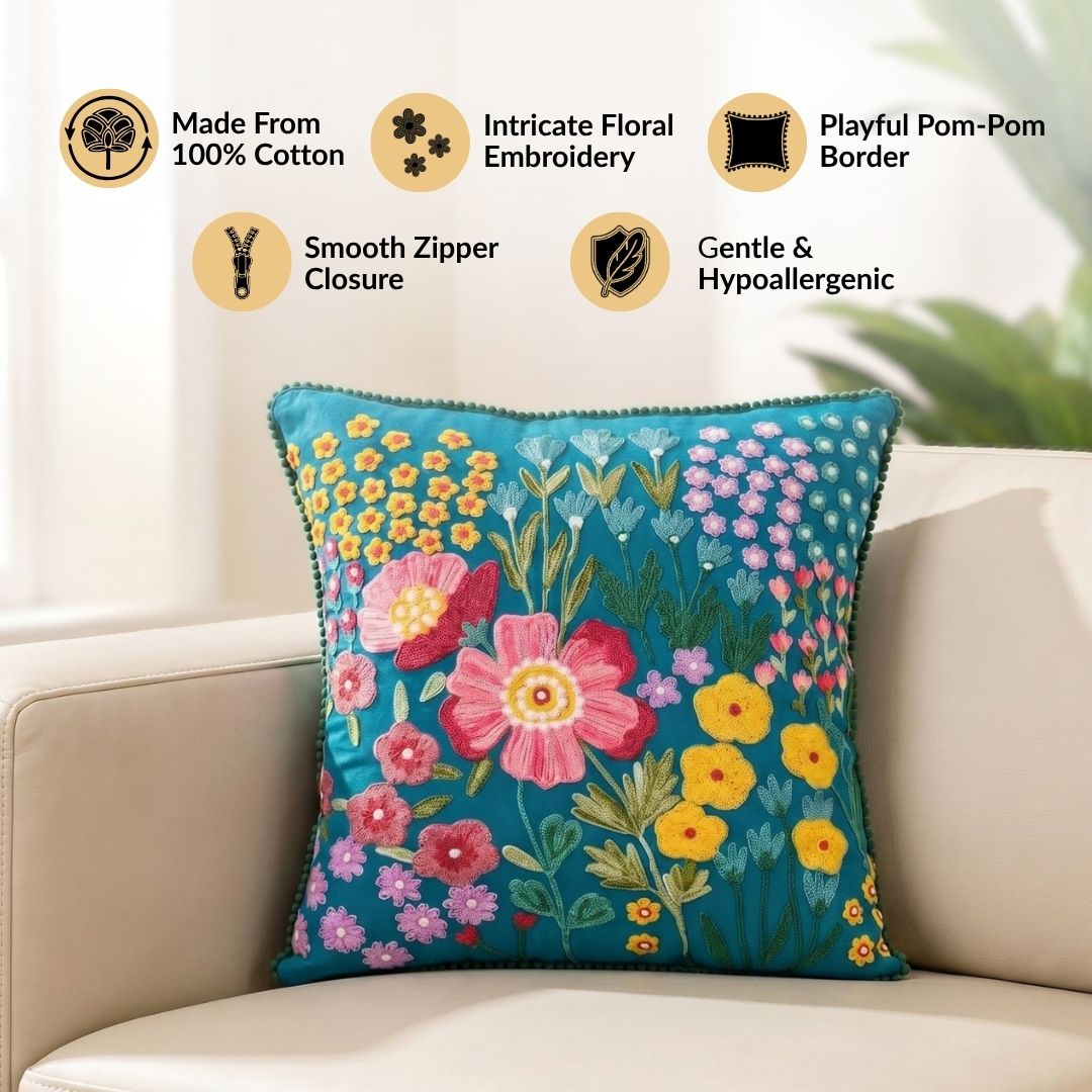 Enchanted Flora Cotton Embroidered Cushion Cover 40x40cm Nestasia