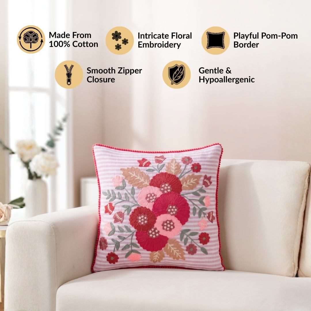 Pink Stripe Cotton Embroidered Cushion Cover 40x40cm Nestasia