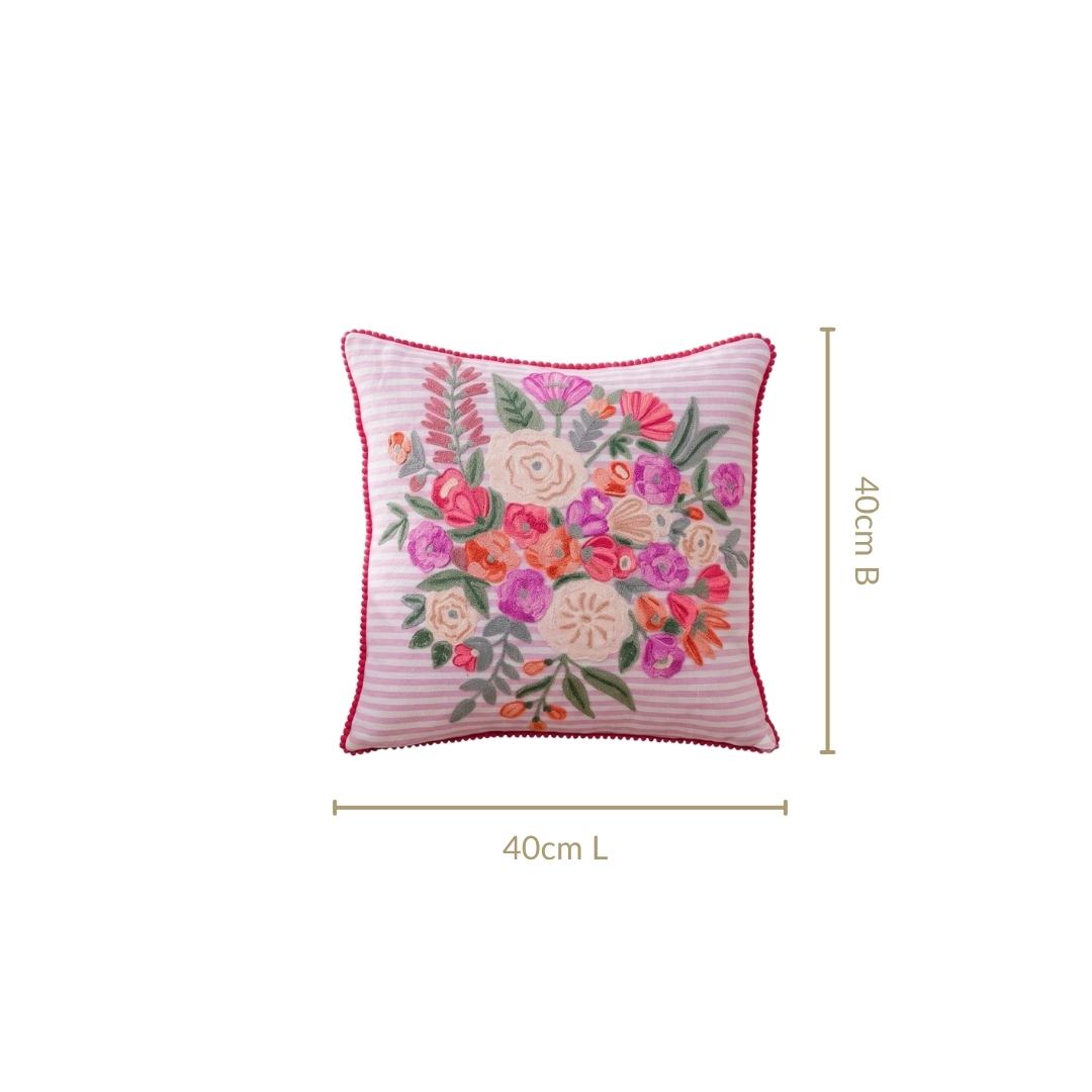 Blush Breeze Embroidered Stripe Cotton Cushion Cover 40x40cm Nestasia