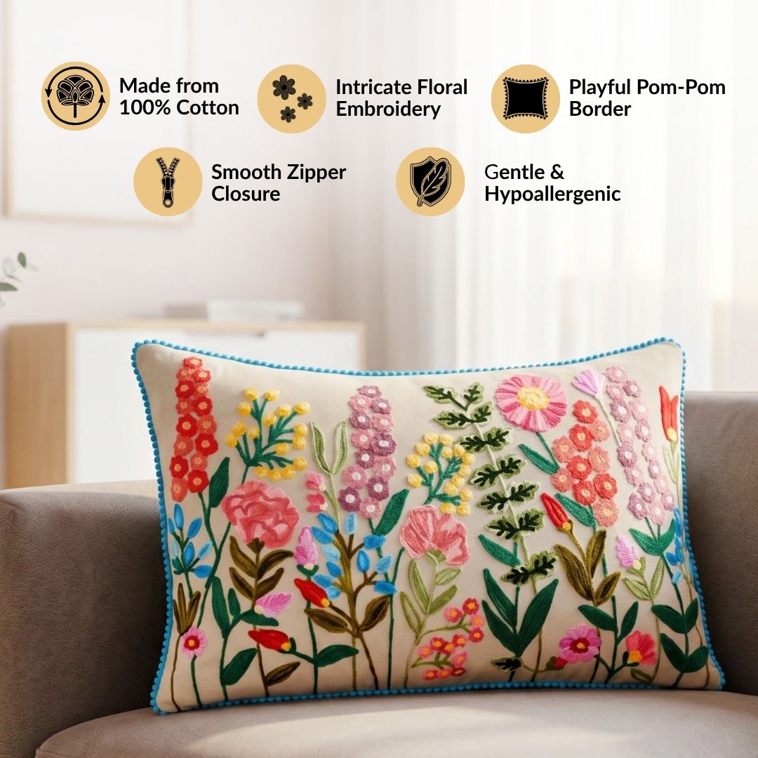 Meadow Blooms Embroidered Cotton Cushion Cover 40x40cm Nestasia