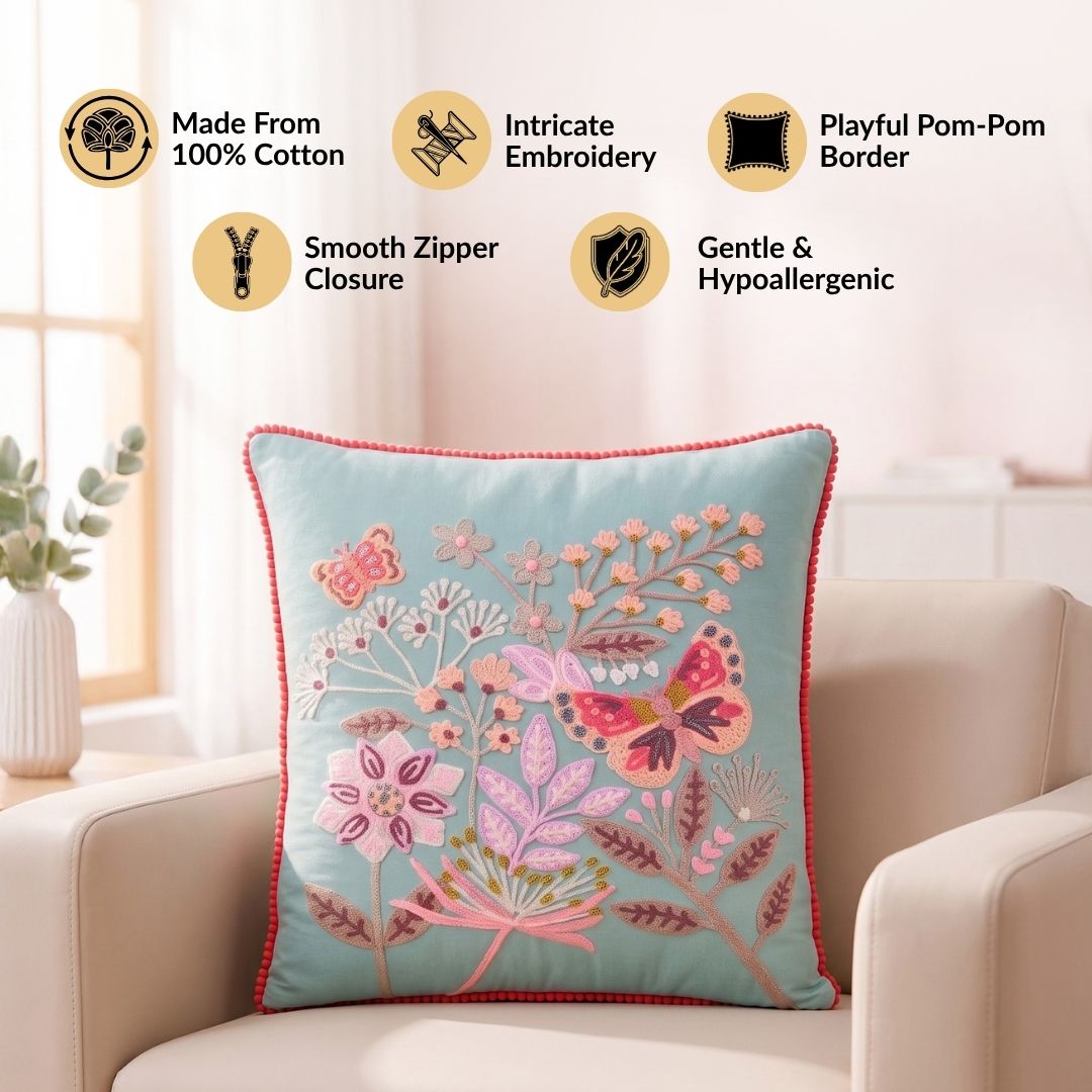 Butterfly Haven Embroidered Cotton Cushion Cover 40x40cm Nestasia