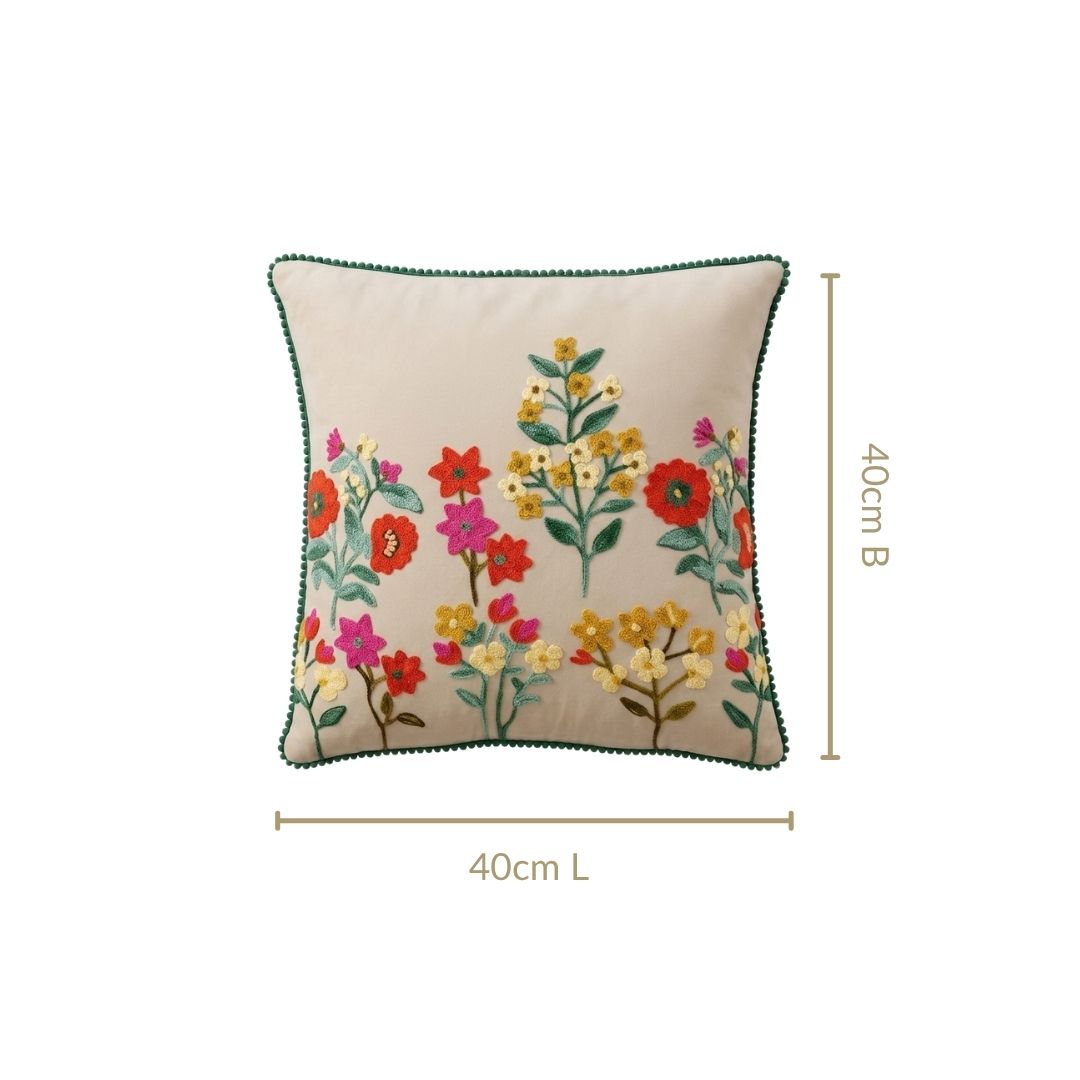 Meadow Blooms Embroidered Cotton Cushion Cover 40x40cm Nestasia
